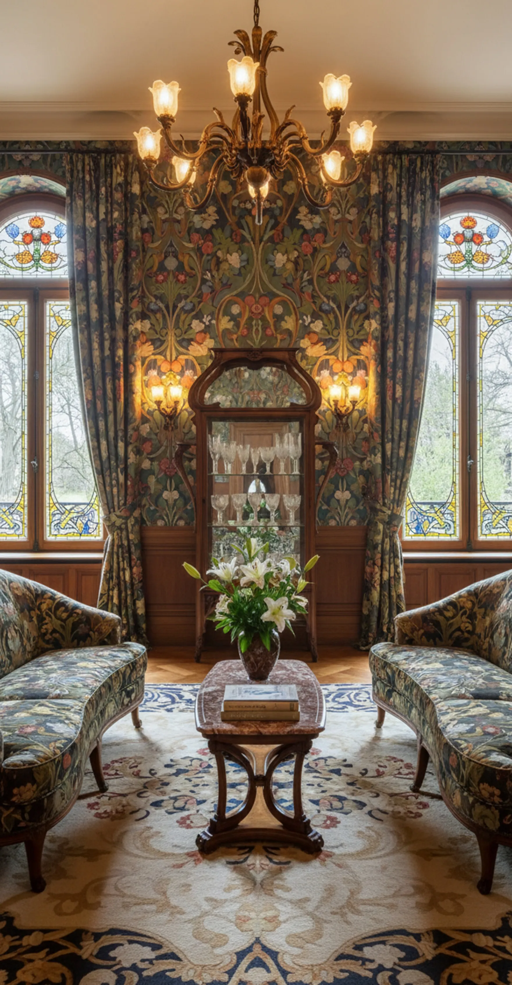 Vitrine ancienne dans un salon décoré avec des fleurs.