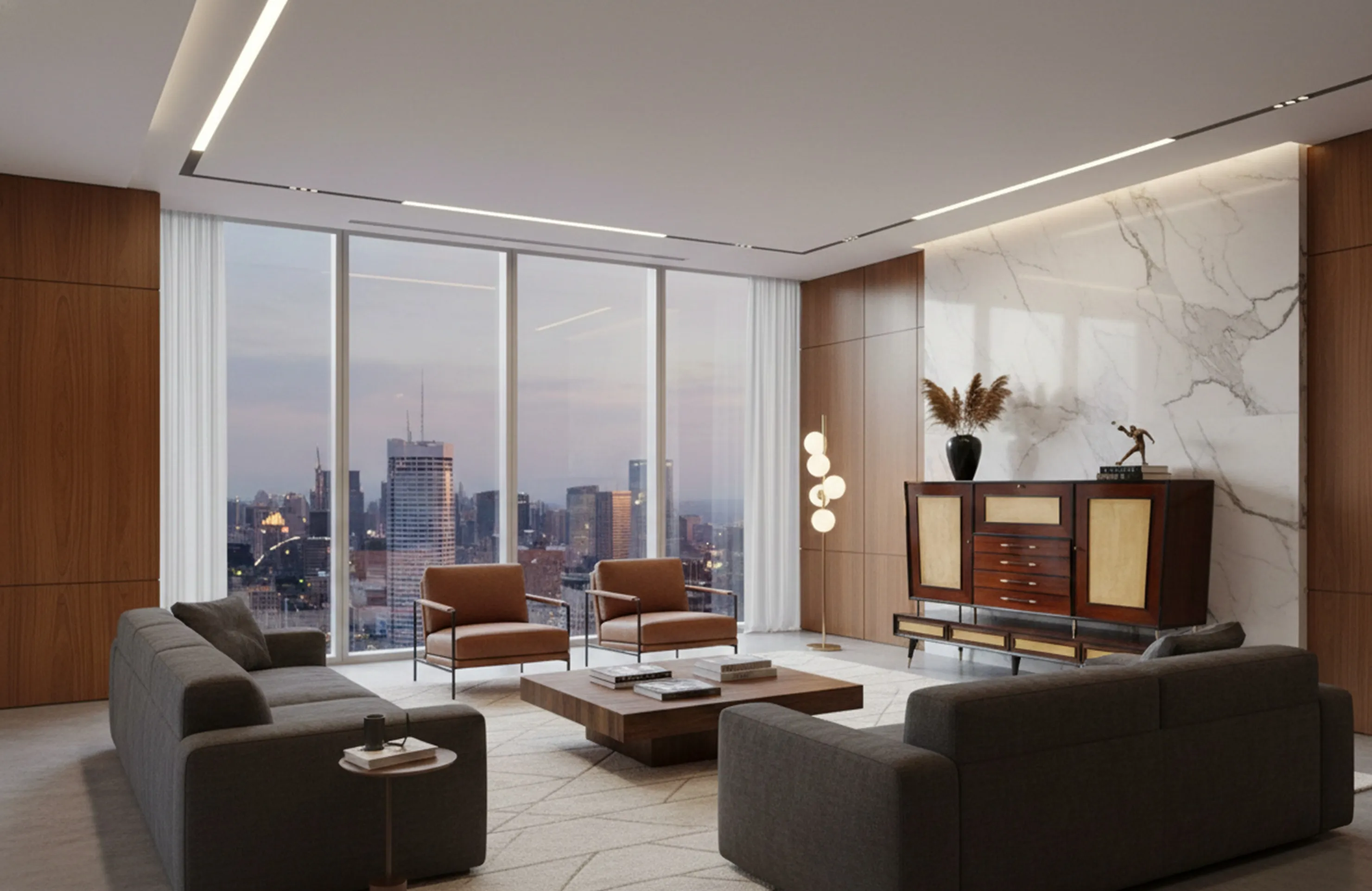 antique bookcase in a modern living room with urban view