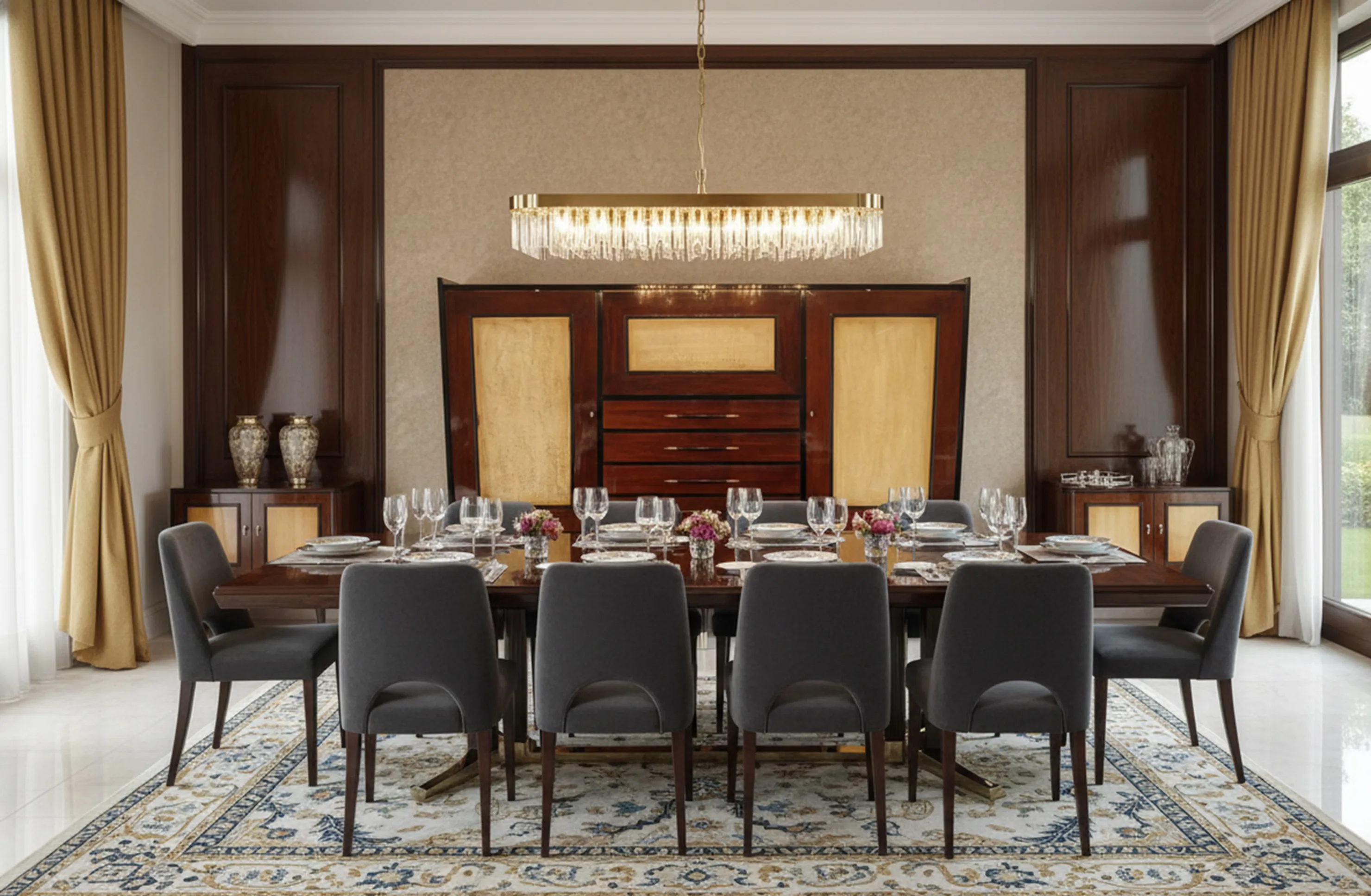 estante de livros antigo com design elegante e detalhes decorativos em uma sala de jantar moderna