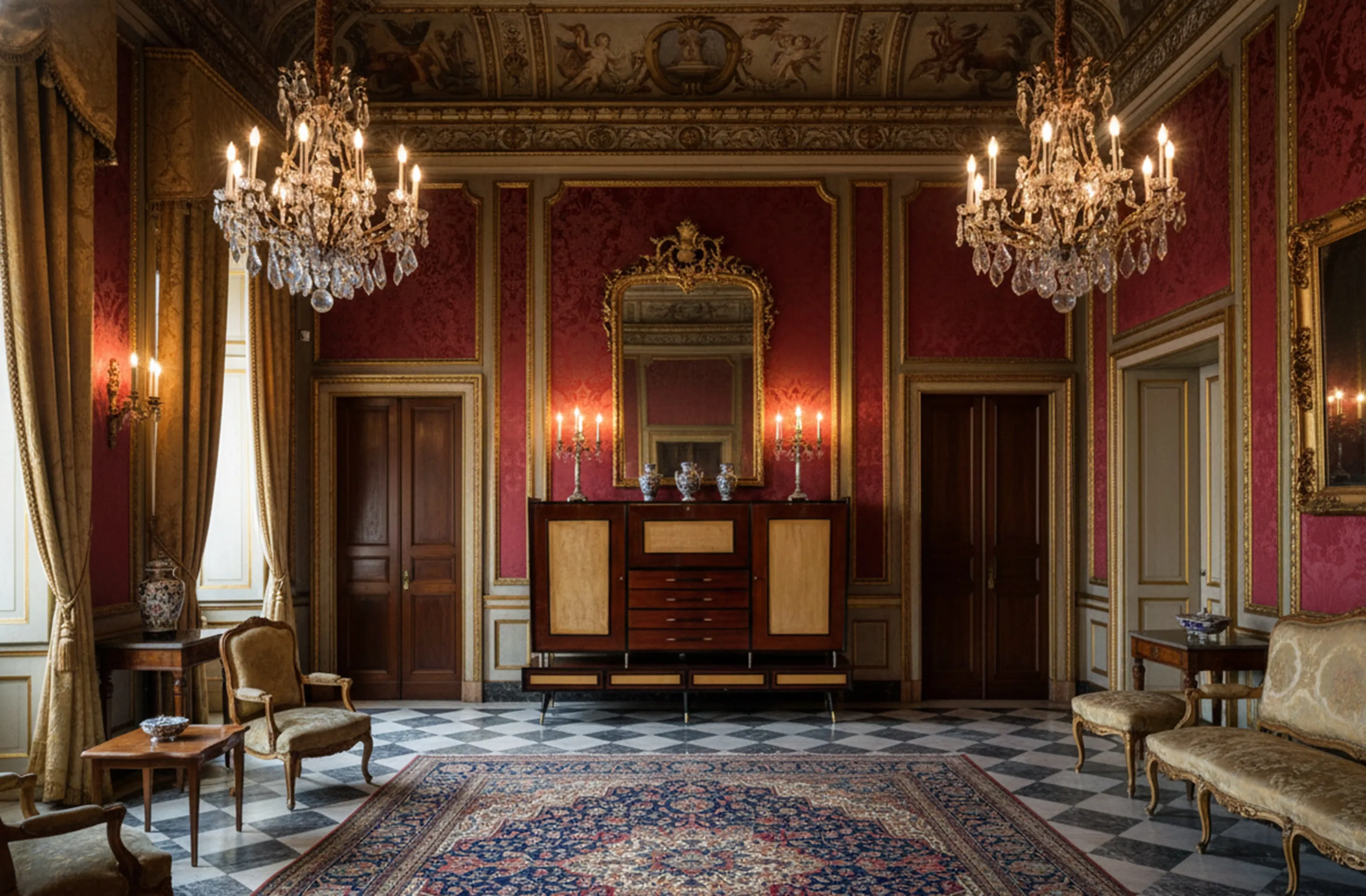 Vue d'une bibliothèque antique avec des étagères décoratives et une ambiance élégante.