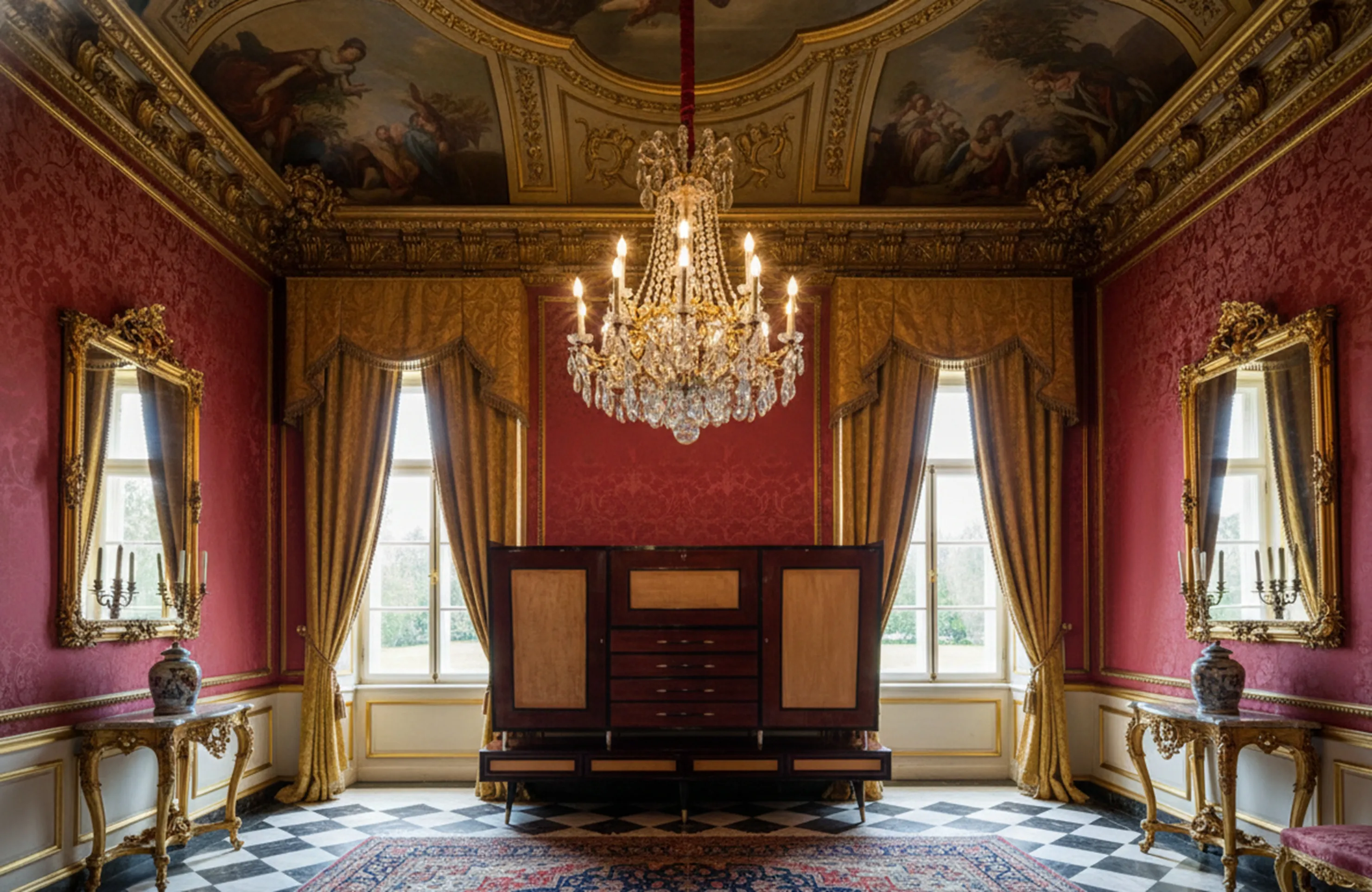 bibliothèque antique dans un salon élégant avec des lustres