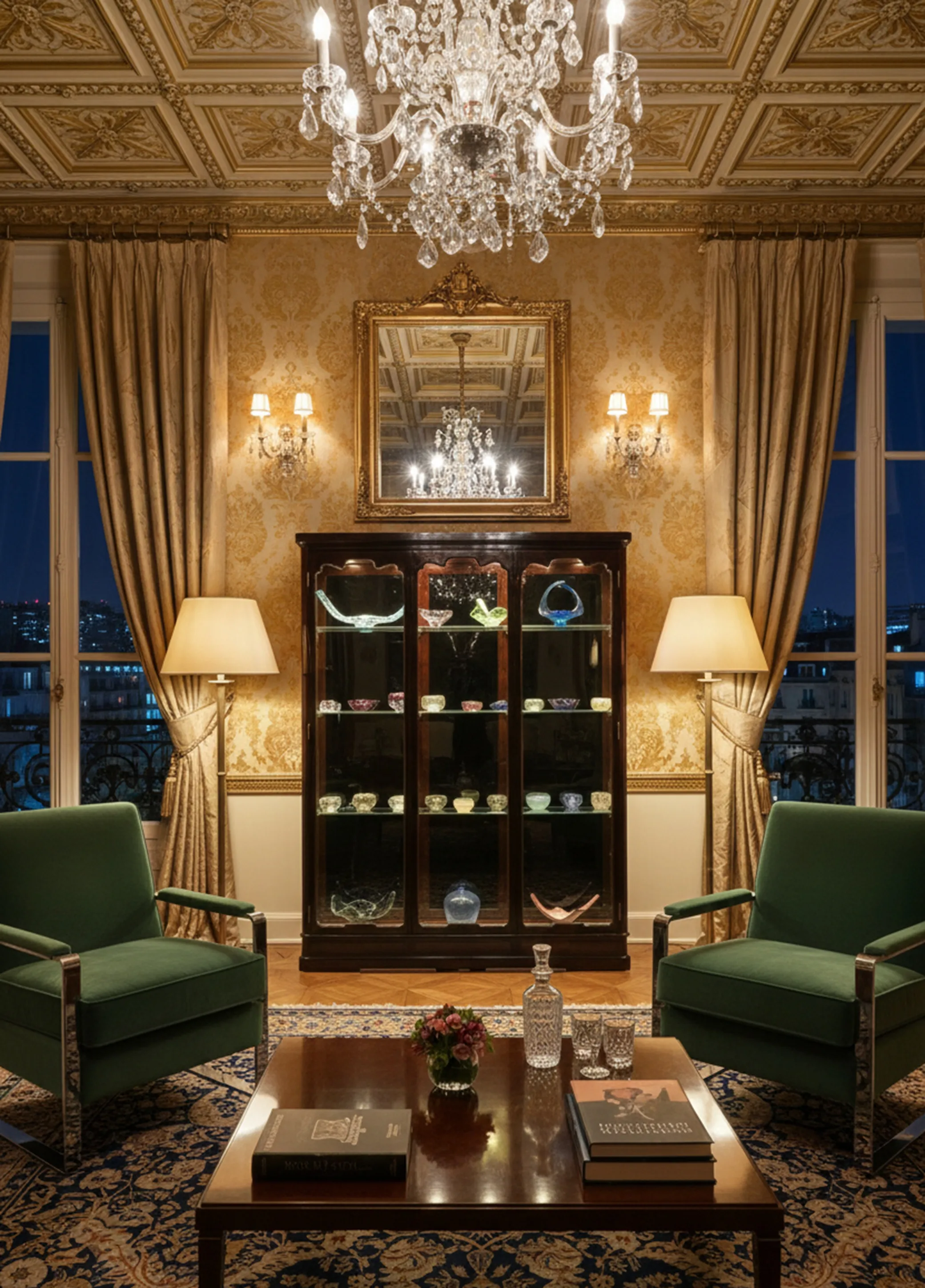 पुरातन प्रदर्शन कैबिनेट के चारों ओर शानदार आधुनिक फर्नीचर