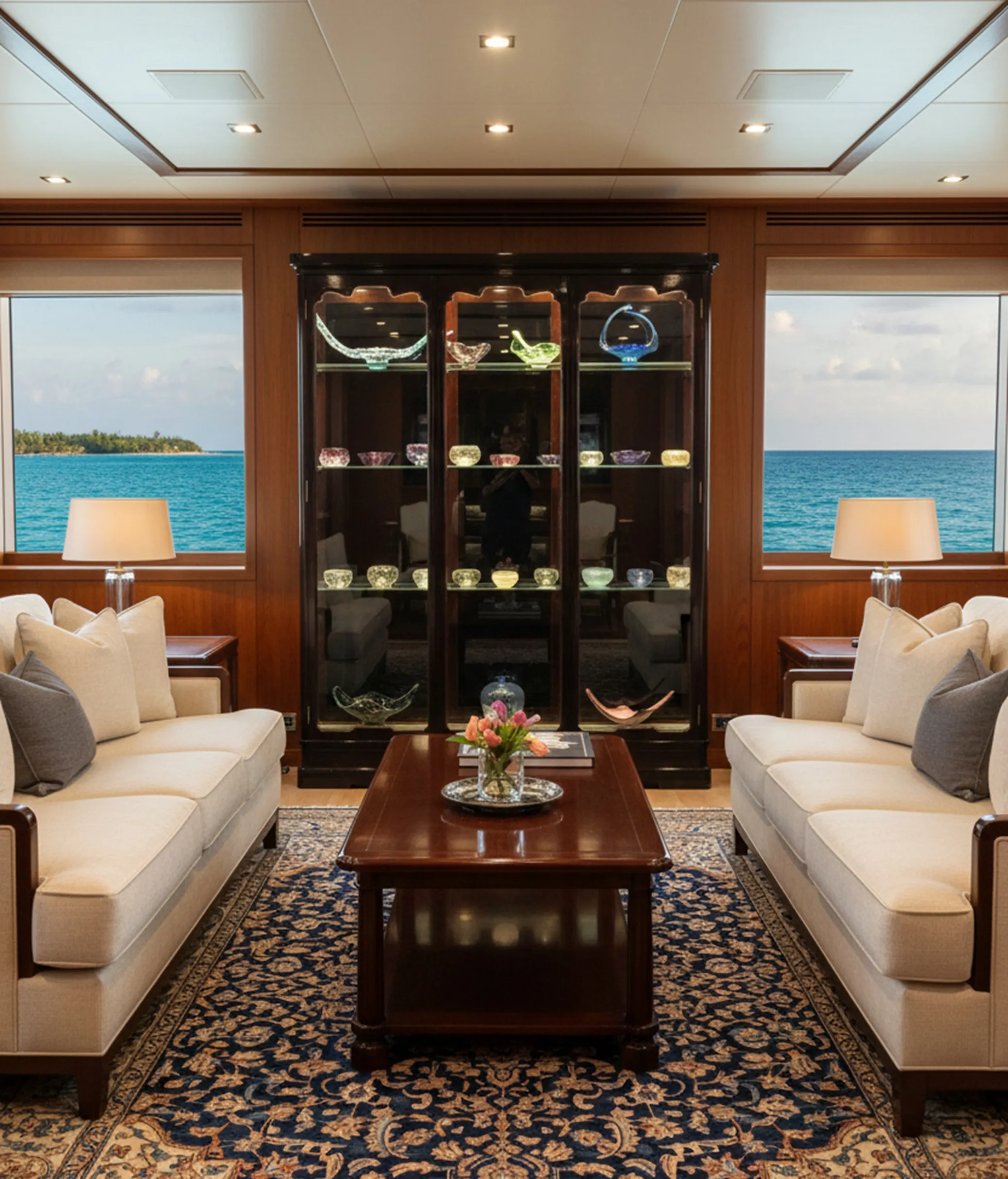 古董陈列柜在奢华客厅的装饰中。