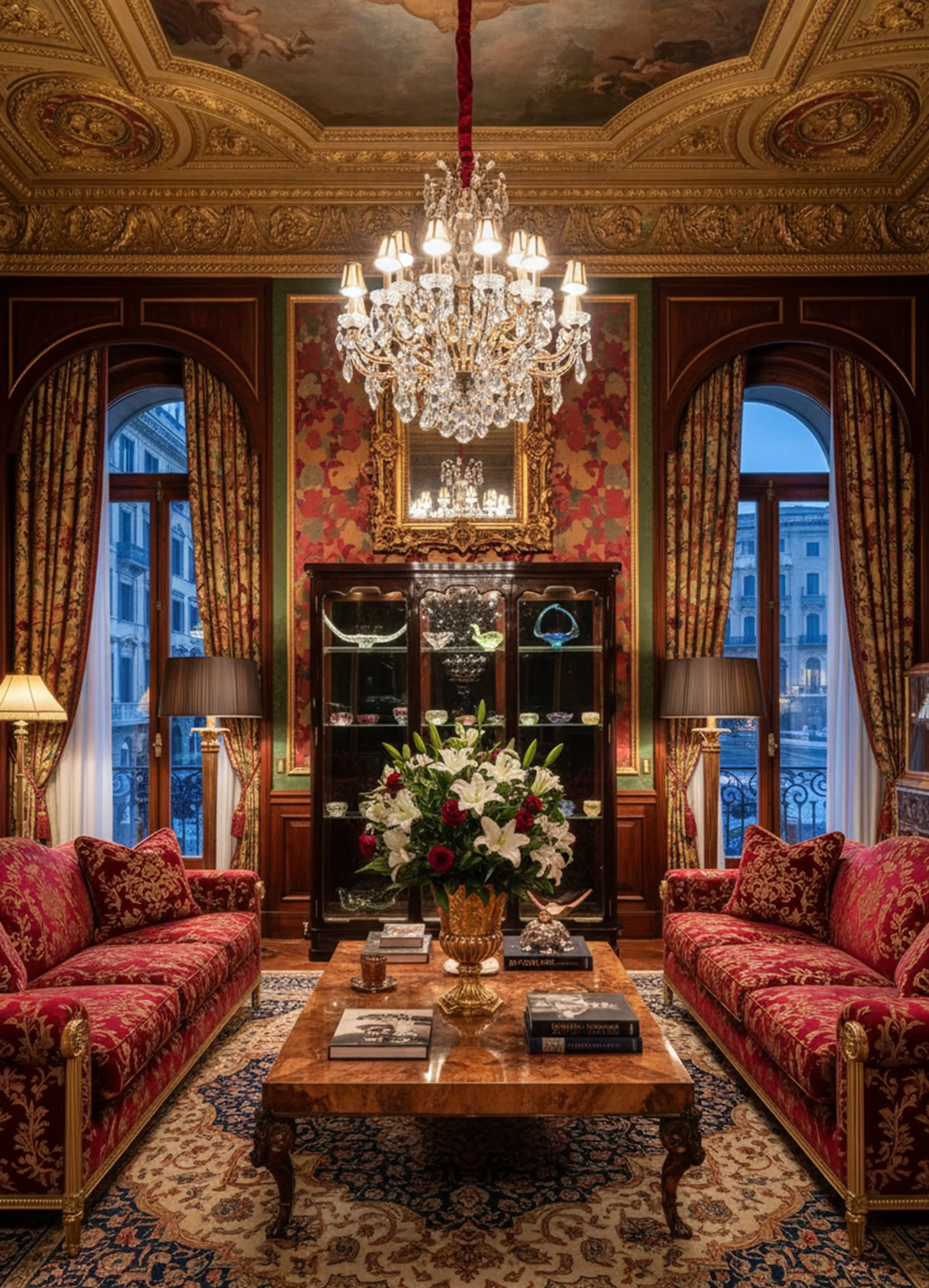 पुरानी डिस्प्ले कैबिनेट कांच के साथ एक शानदार सेटिंग में फूलों के साथ