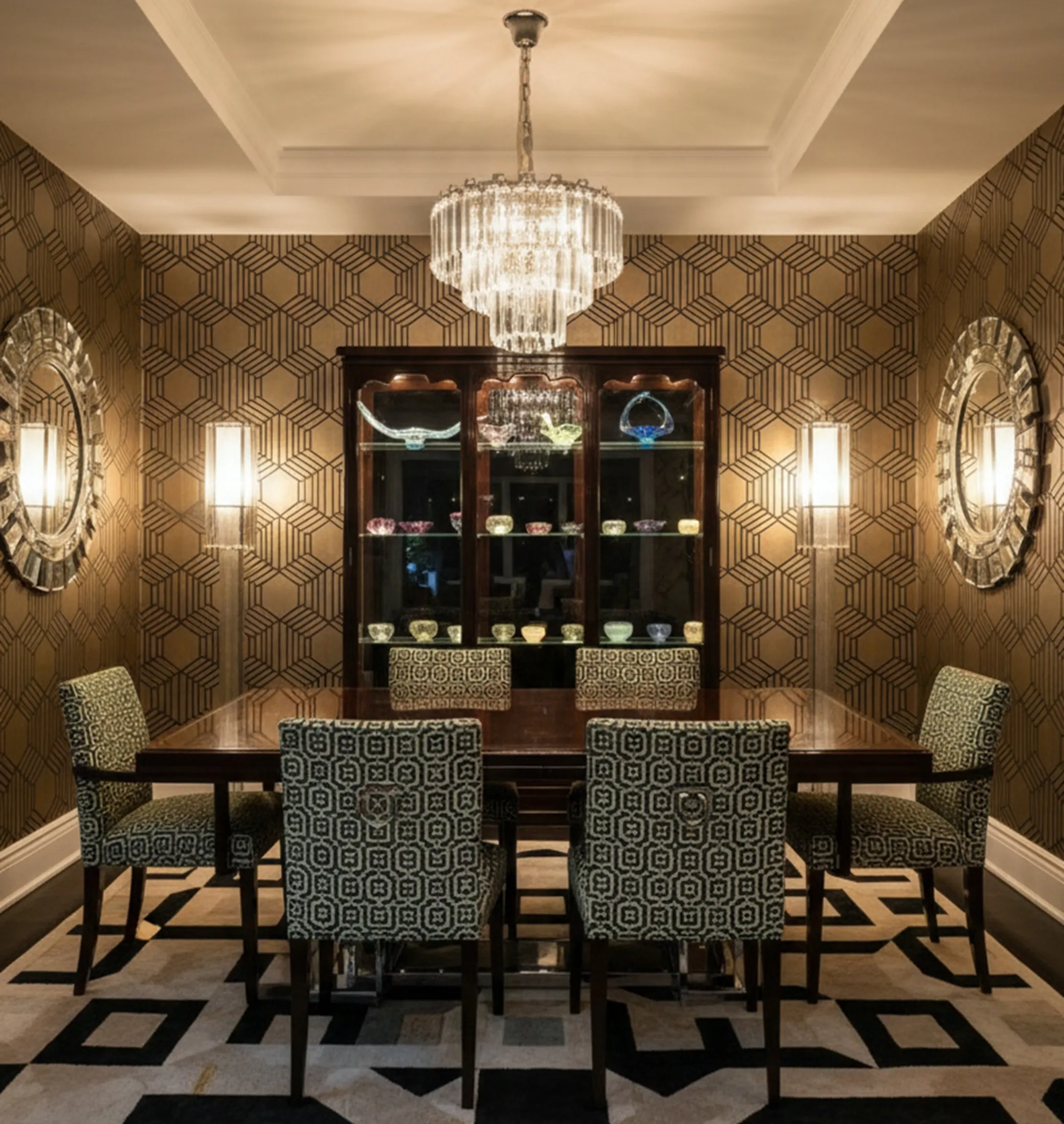 Vitrina antigua en sala con decoración elegante.