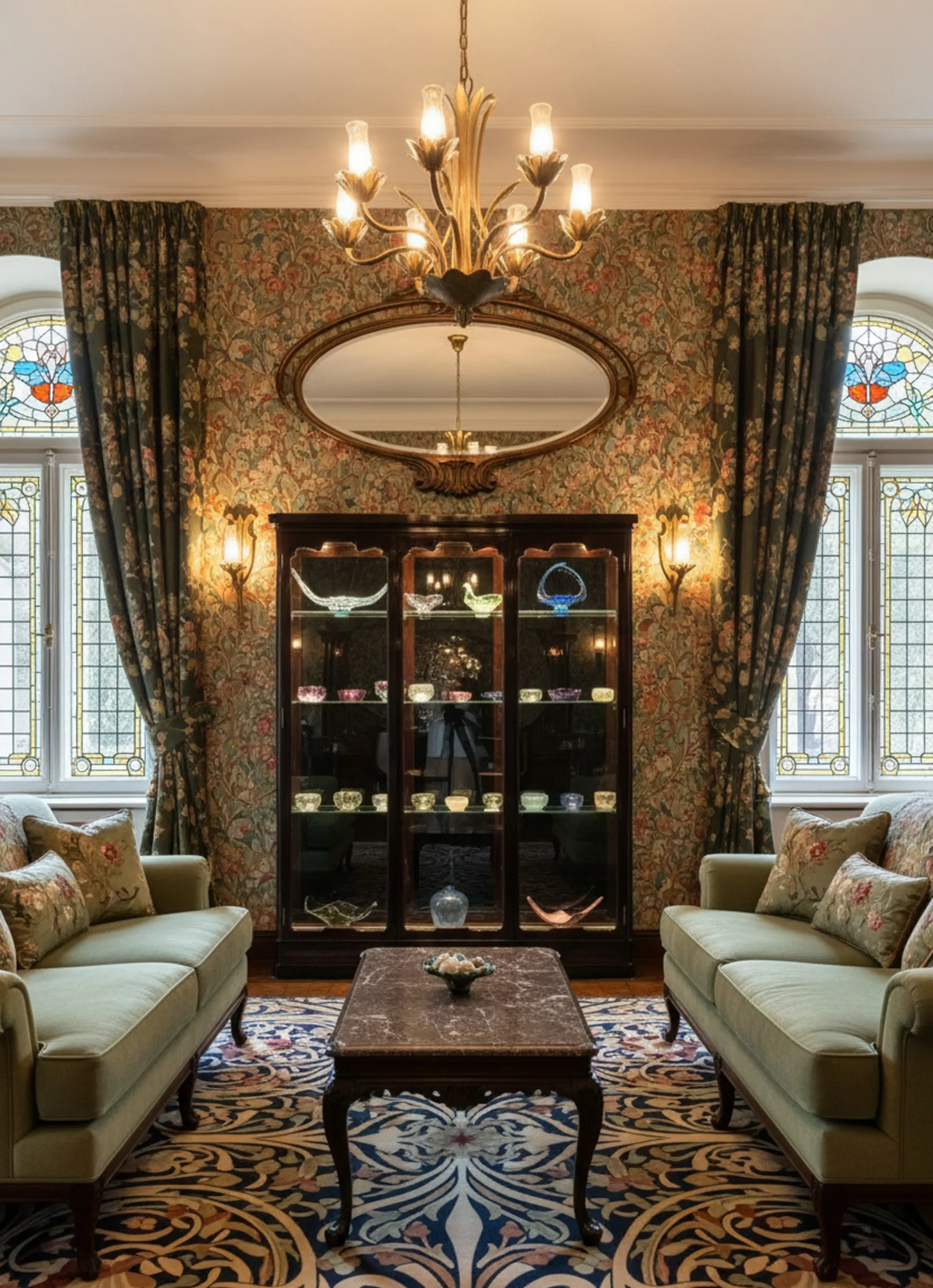 Vetrina antica con vetro e collezione di oggetti decorativi, ambiente elegante.