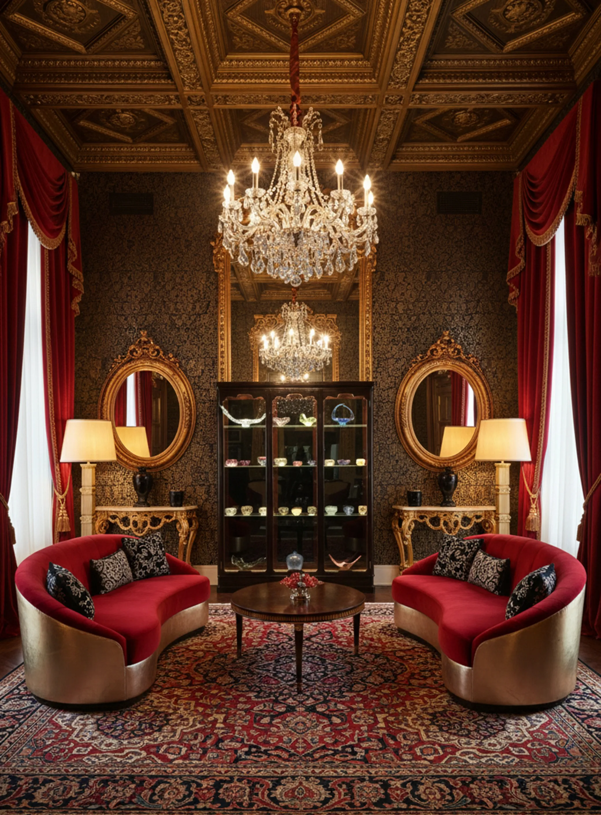 Vitrine antique avec éclairage élégant, exposant des objets décoratifs dans un cadre classique.