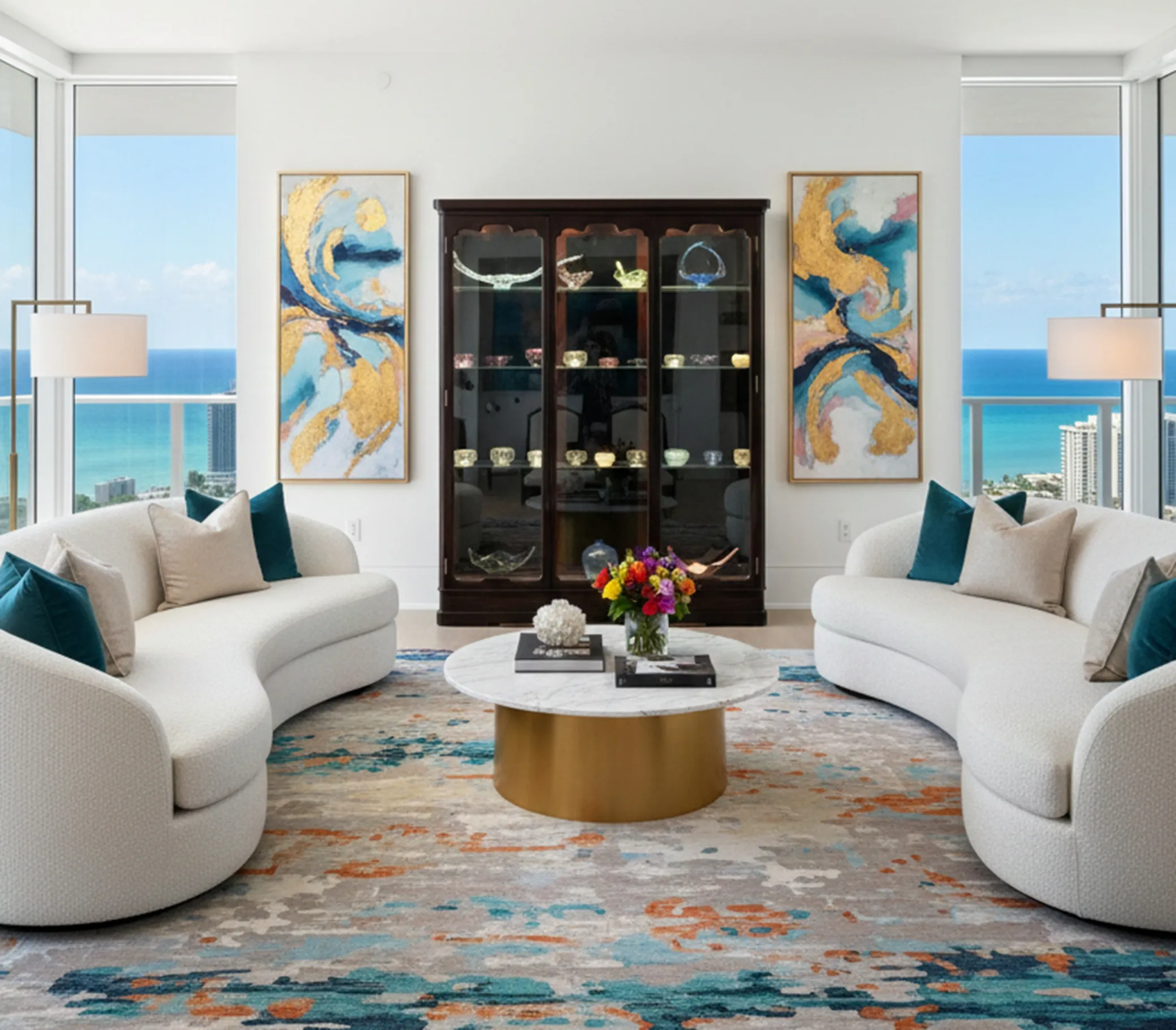 Antike Vitrine umgeben von Dekoration, Blumen und moderner Kunst