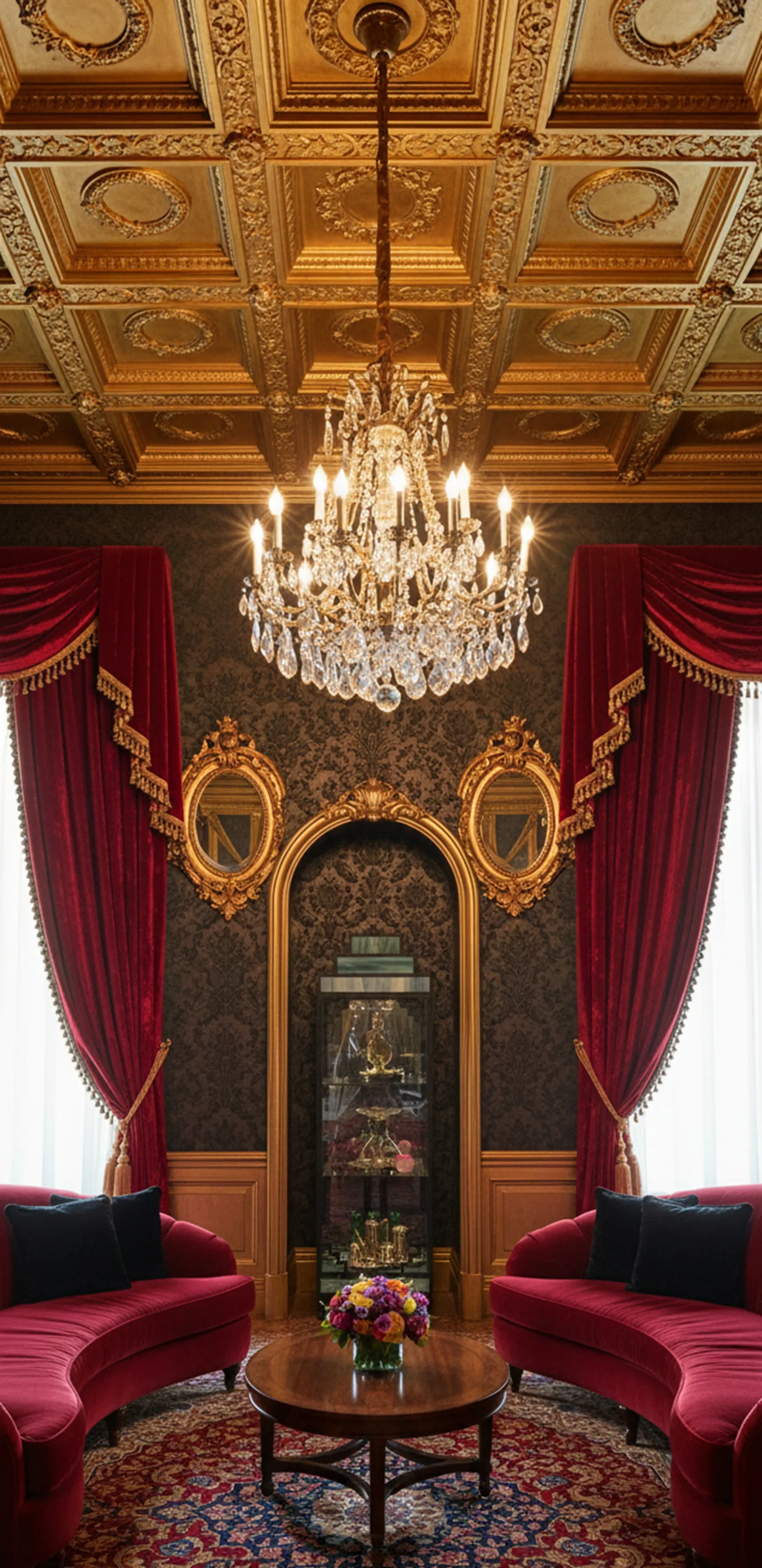 Elegante antike Vitrine in klassischem Umfeld mit roten Sofas und Vorhängen