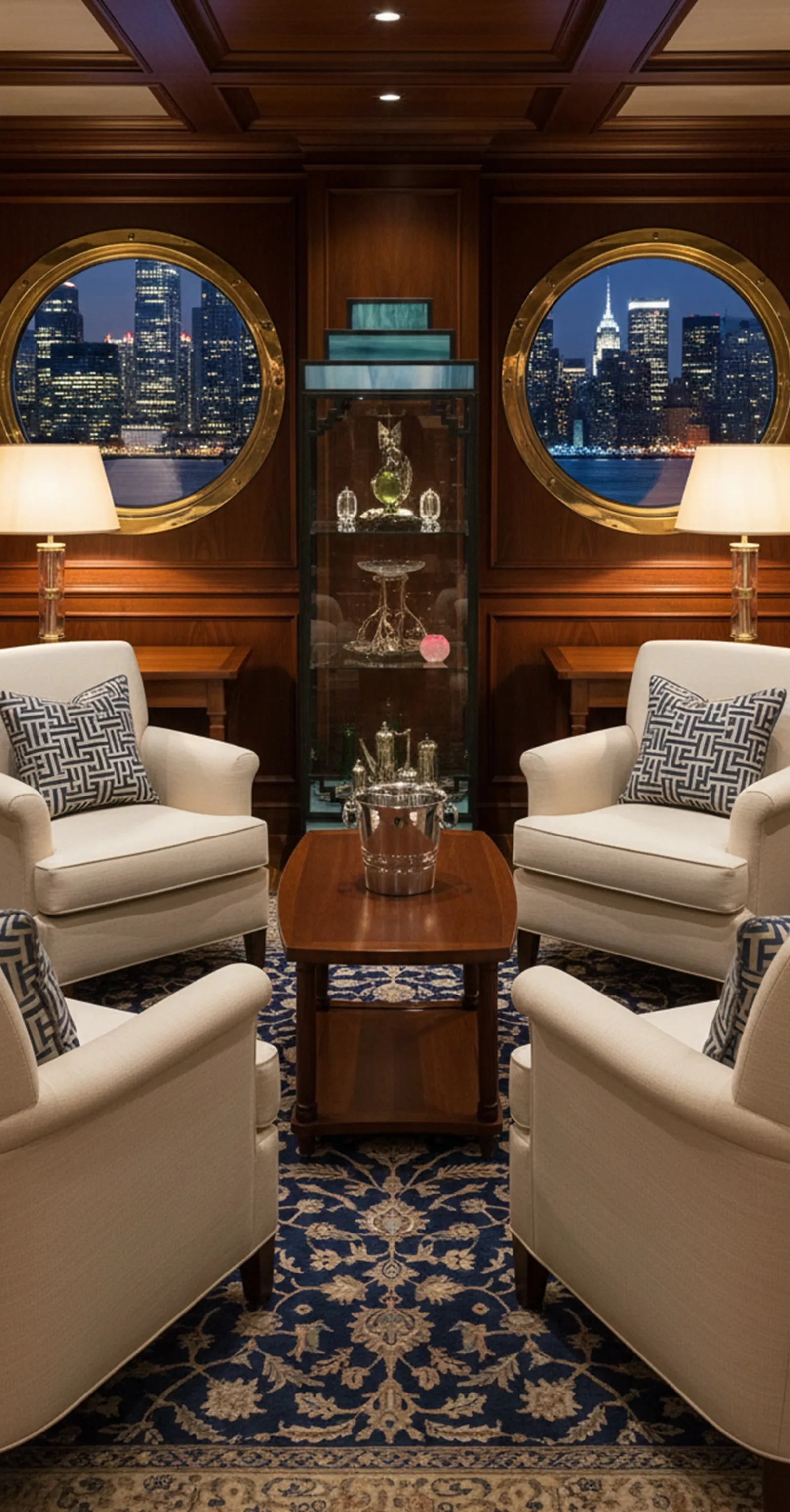 antique display cabinet showcasing decorative items in a living room