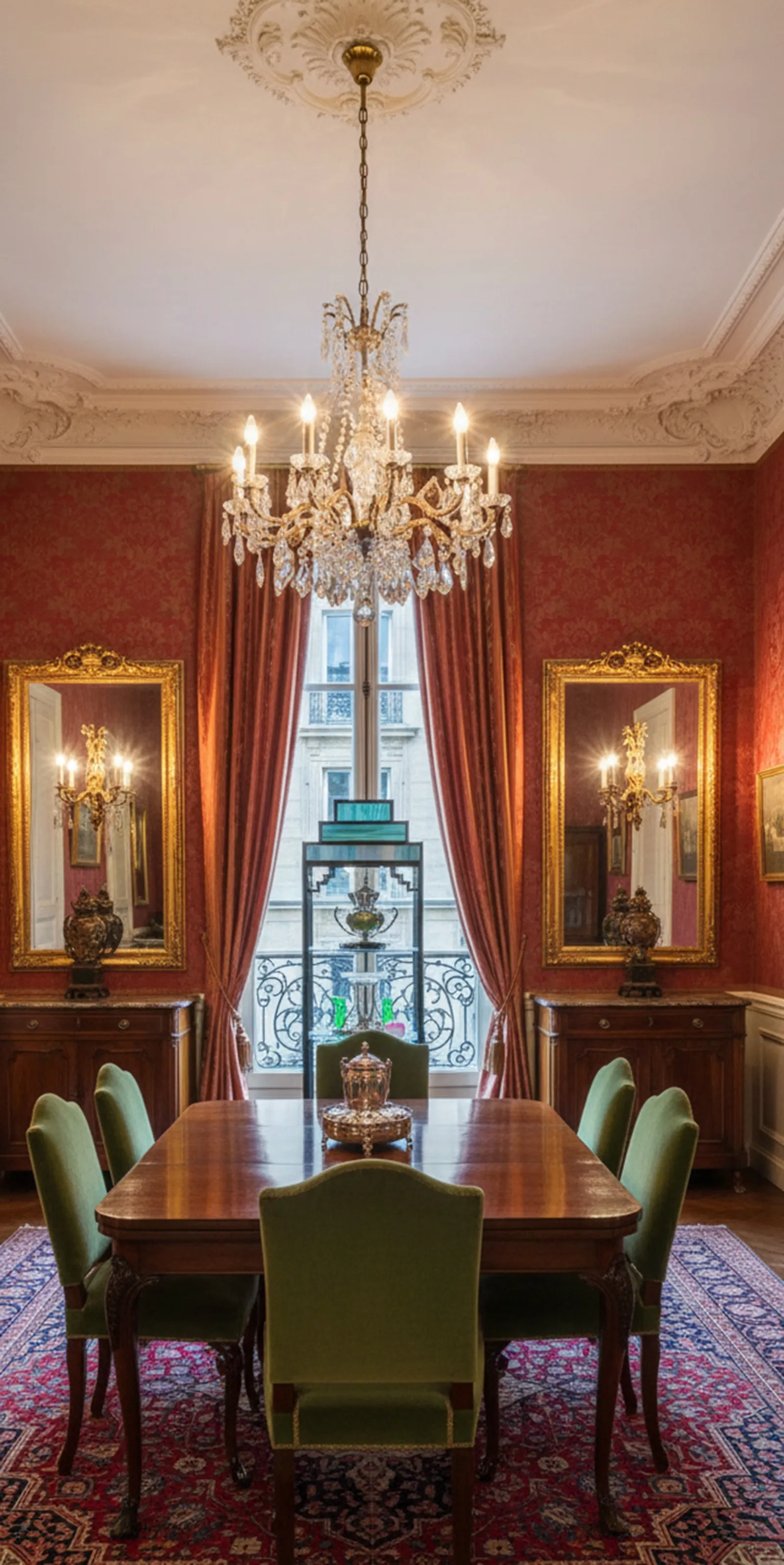 Vitrine antique de meubles classiques dans un salon élégant, avec des détails dorés et décoratifs.