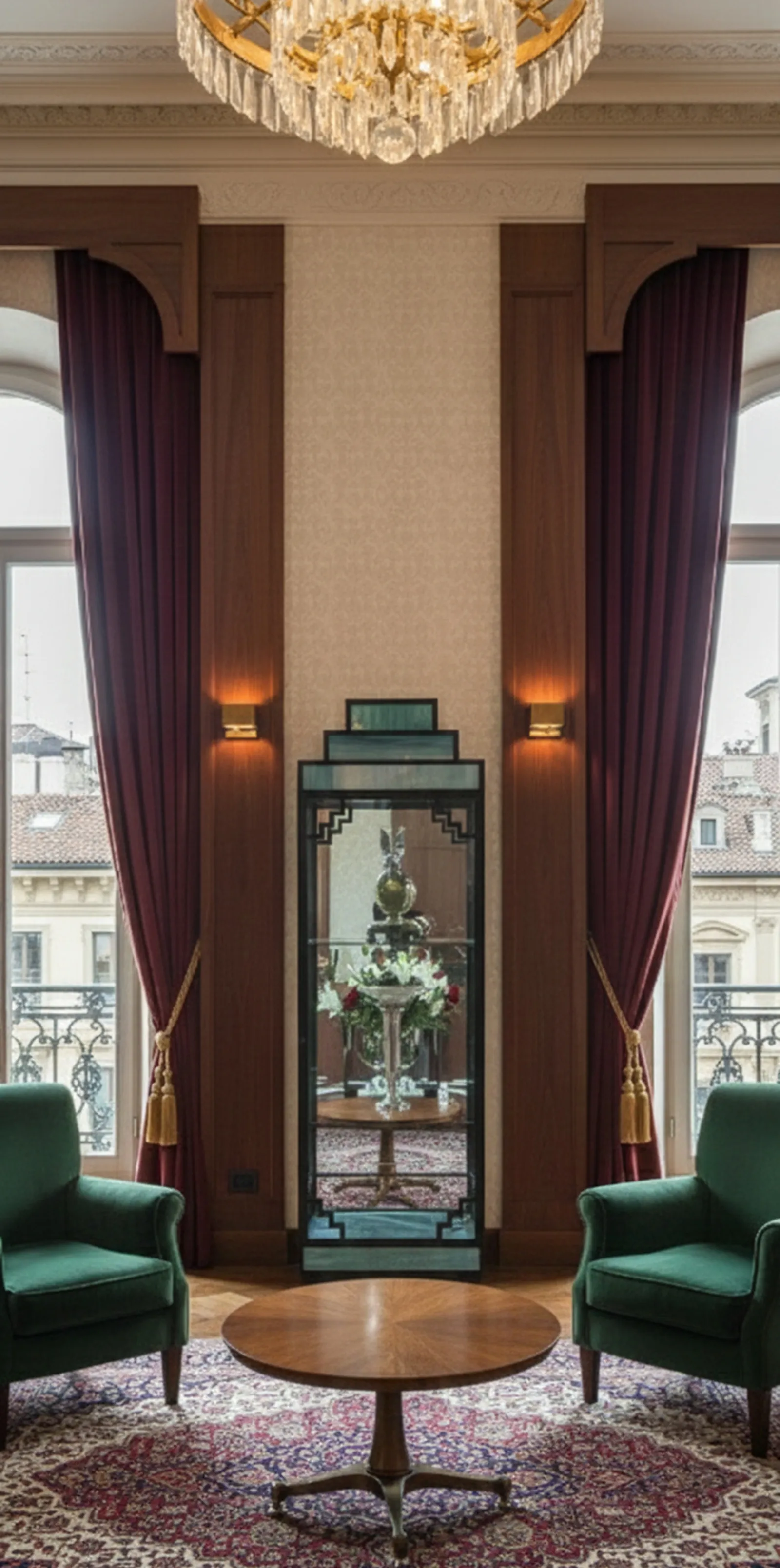 Vetrina antica in un elegante salone con poltrone verdi.