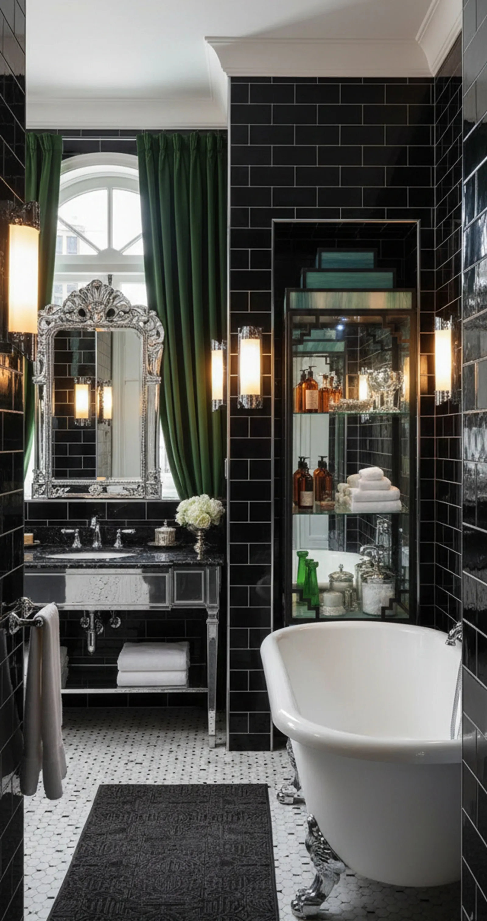 vitrina antigua mostrando productos de baño en un ambiente elegante