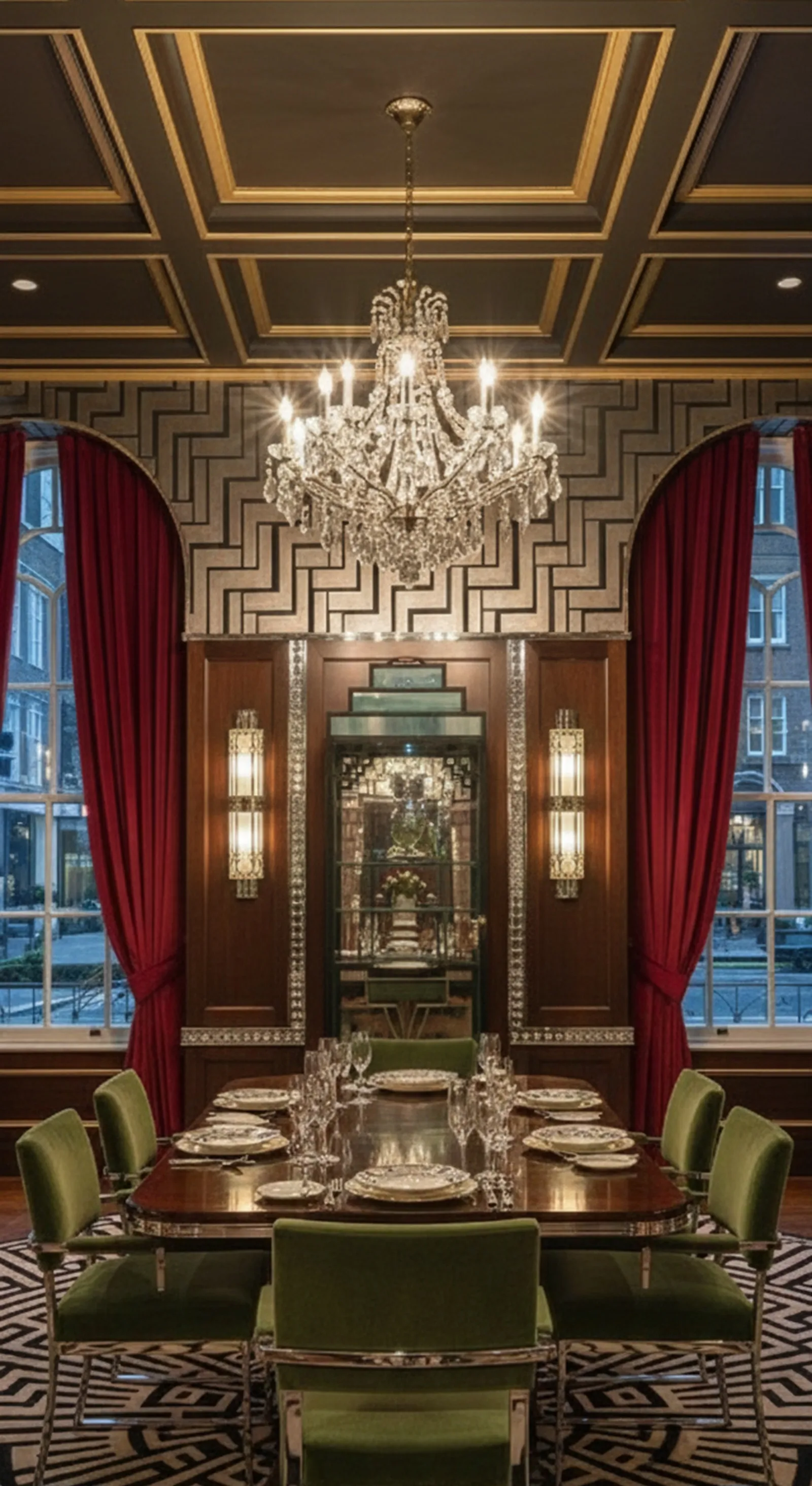 Antike Vitrine in einem eleganten Esszimmer mit einem Kronleuchter.