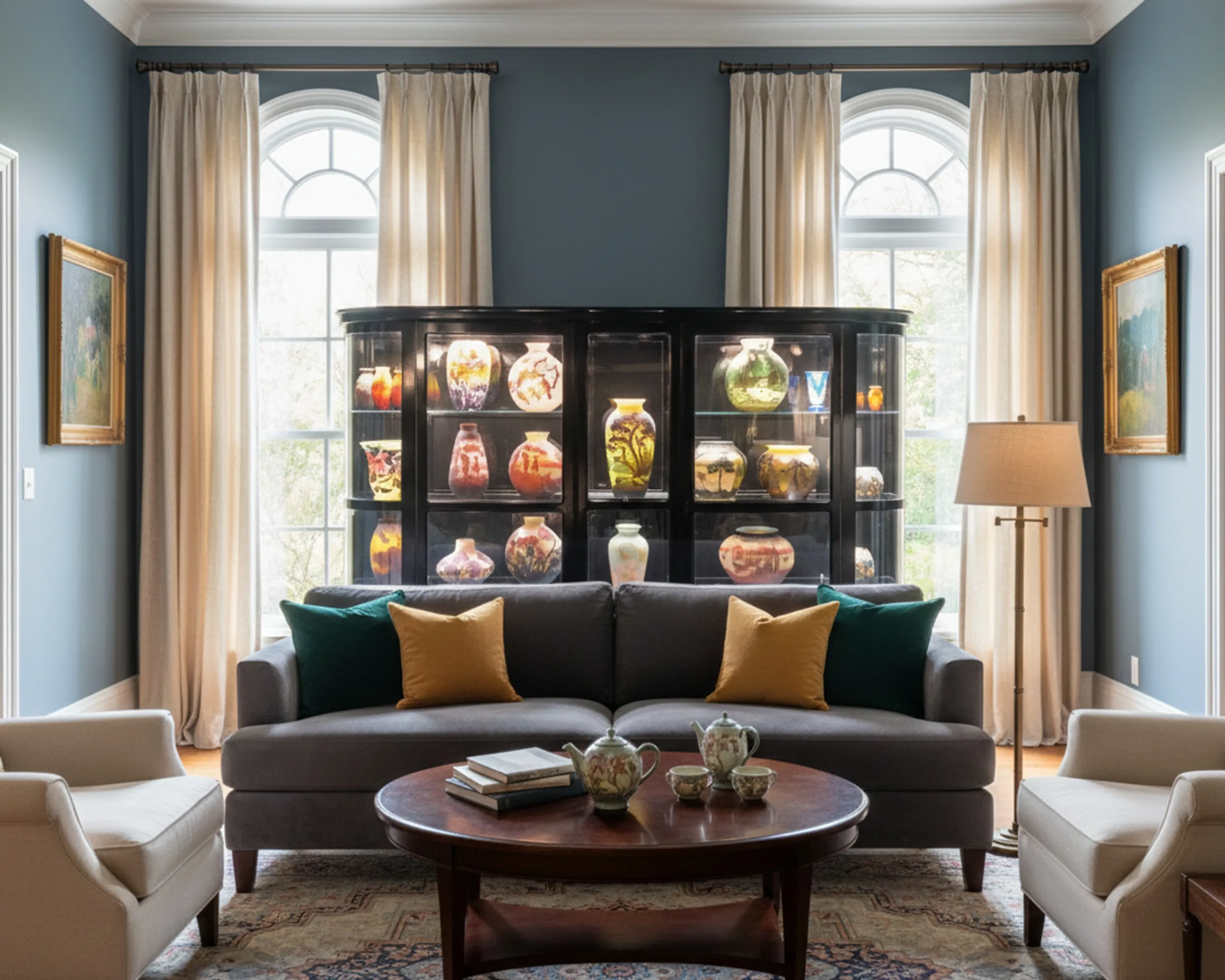antique display cabinet filled with colorful vases