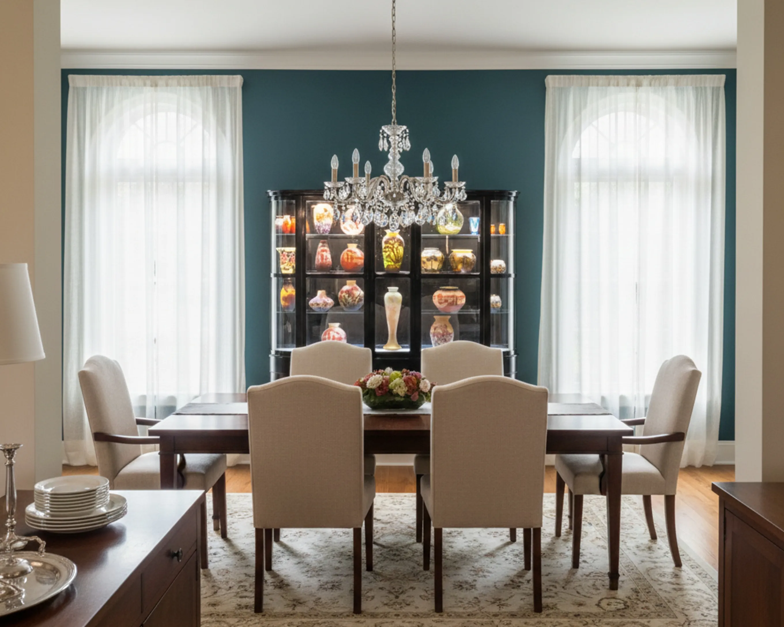 антикварная витрина с разнообразными цветными предметами