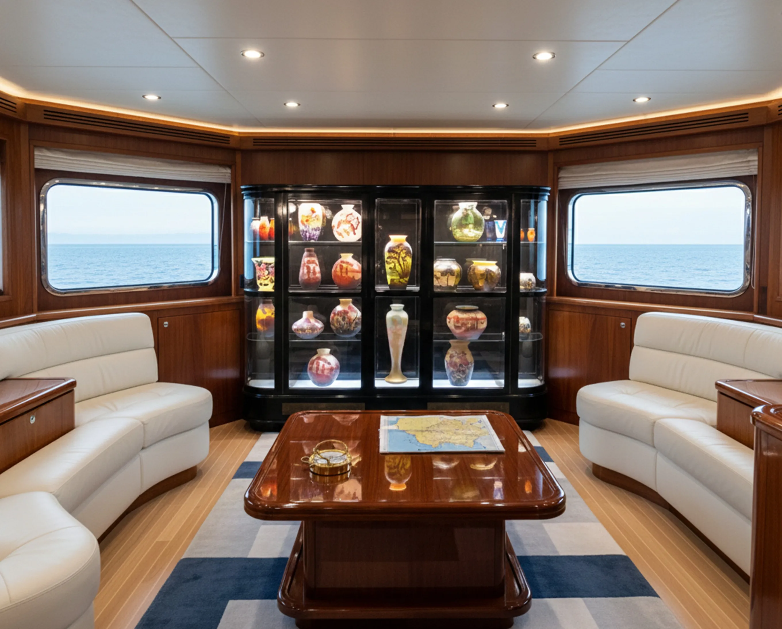 display cabinet with lights, surrounded by colorful vases in a nautical setting