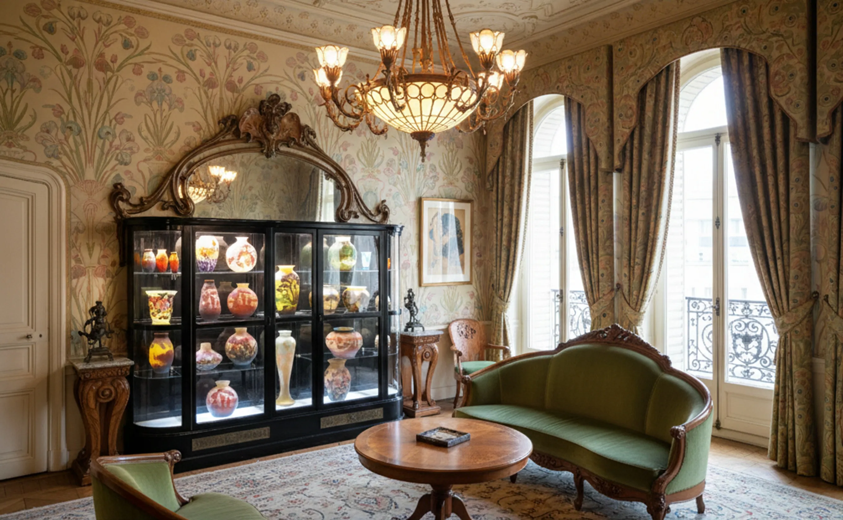 vitrine ancienne avec des vases colorés à l'intérieur