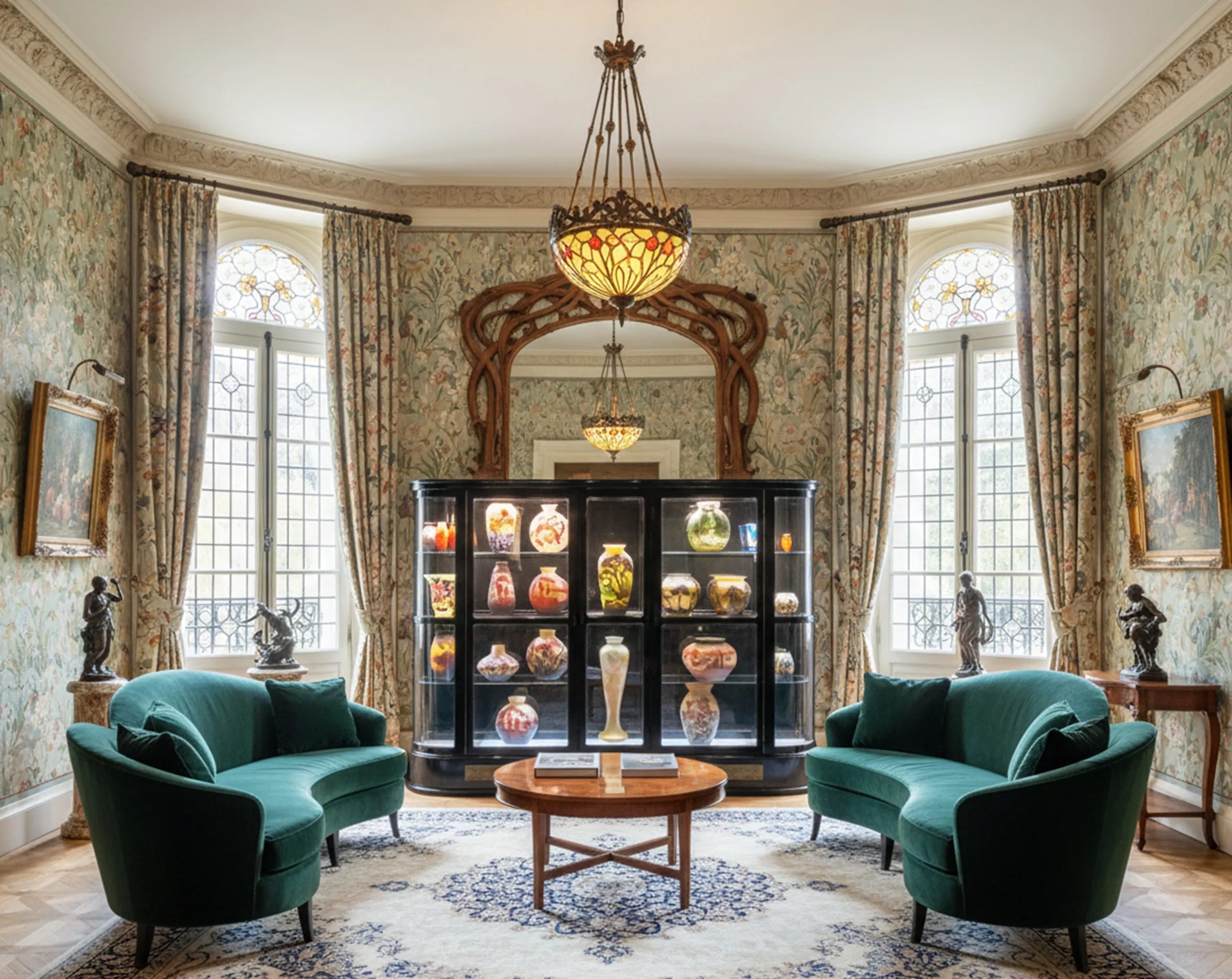 Antique display cabinet in a room decorated with collection items