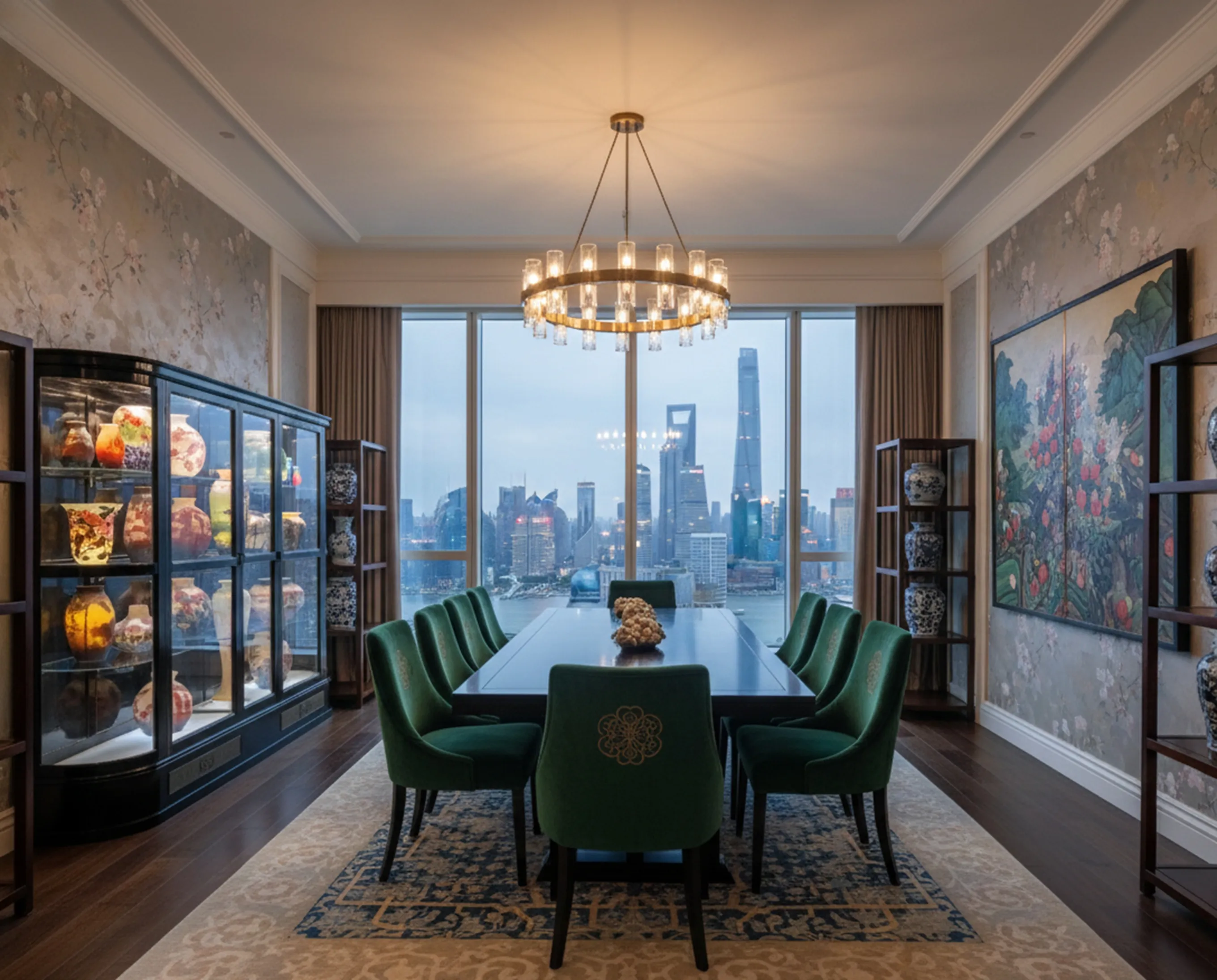 vitrine antiga decorada com vasos coloridos em um cenário elegante