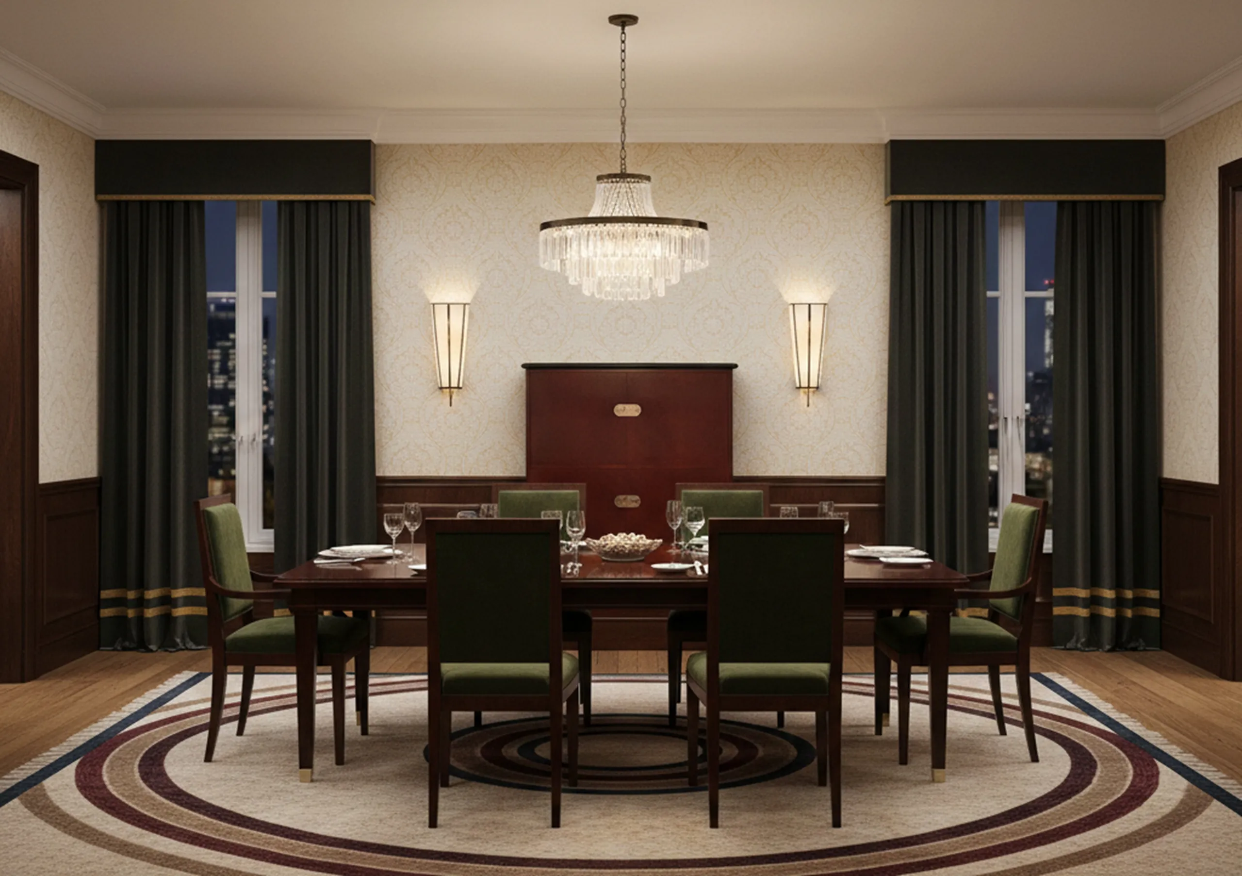 Bibliothèque ancienne dans un salon élégant avec une table à manger.