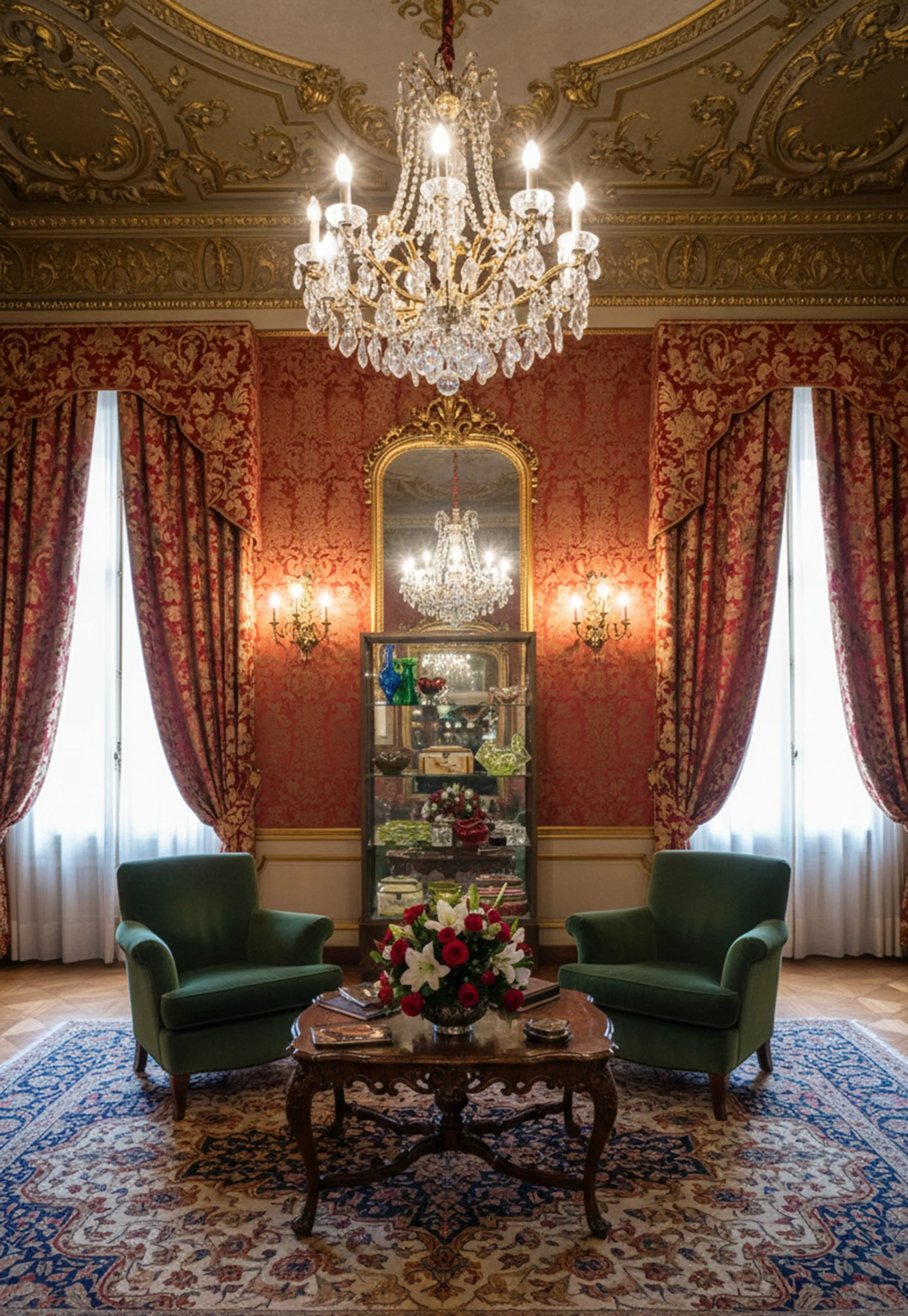 Vitrine antique avec des objets décoratifs et un cadre élégant.