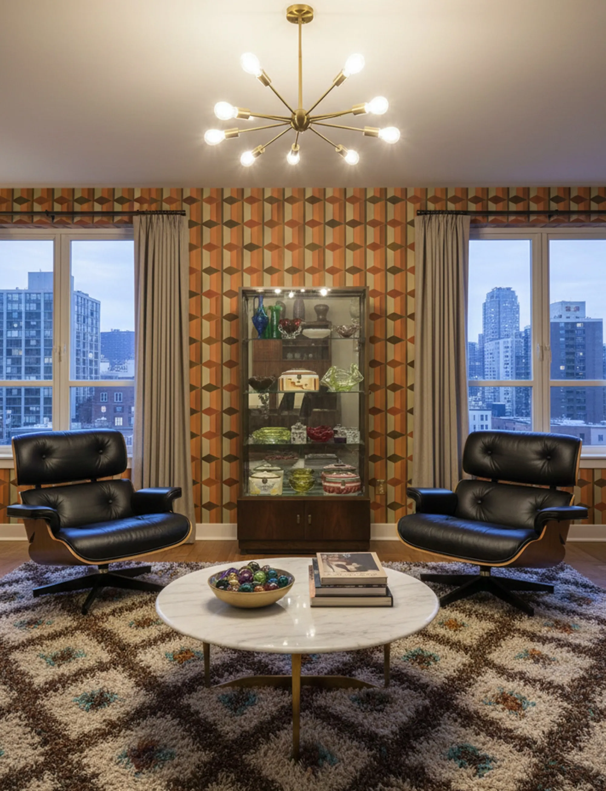 خزانة عرض عتيقة تعرض مجموعة متنوعة في بيئة مريحة