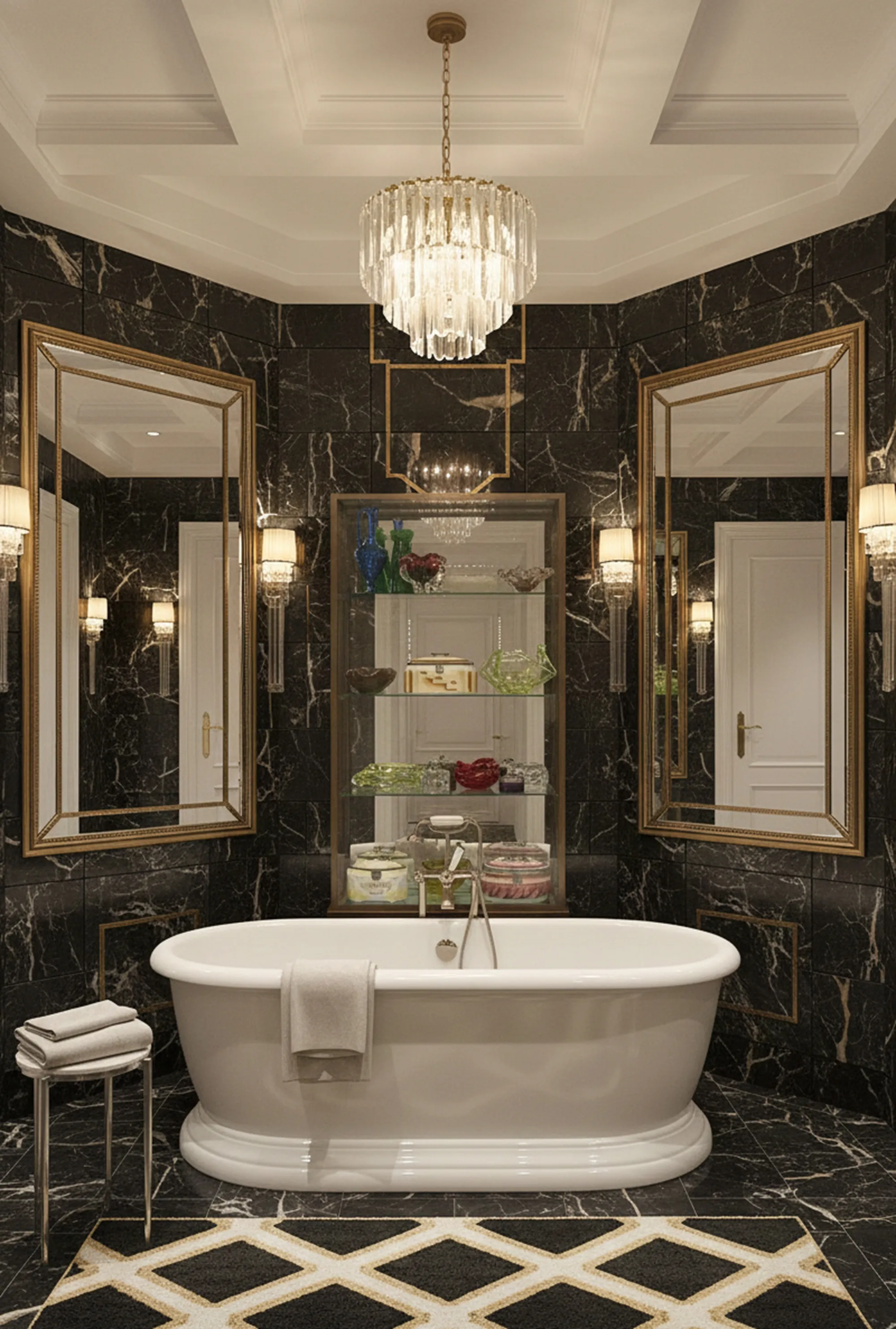 Vitrina antigua decorativa en el baño, con luz y espejos.