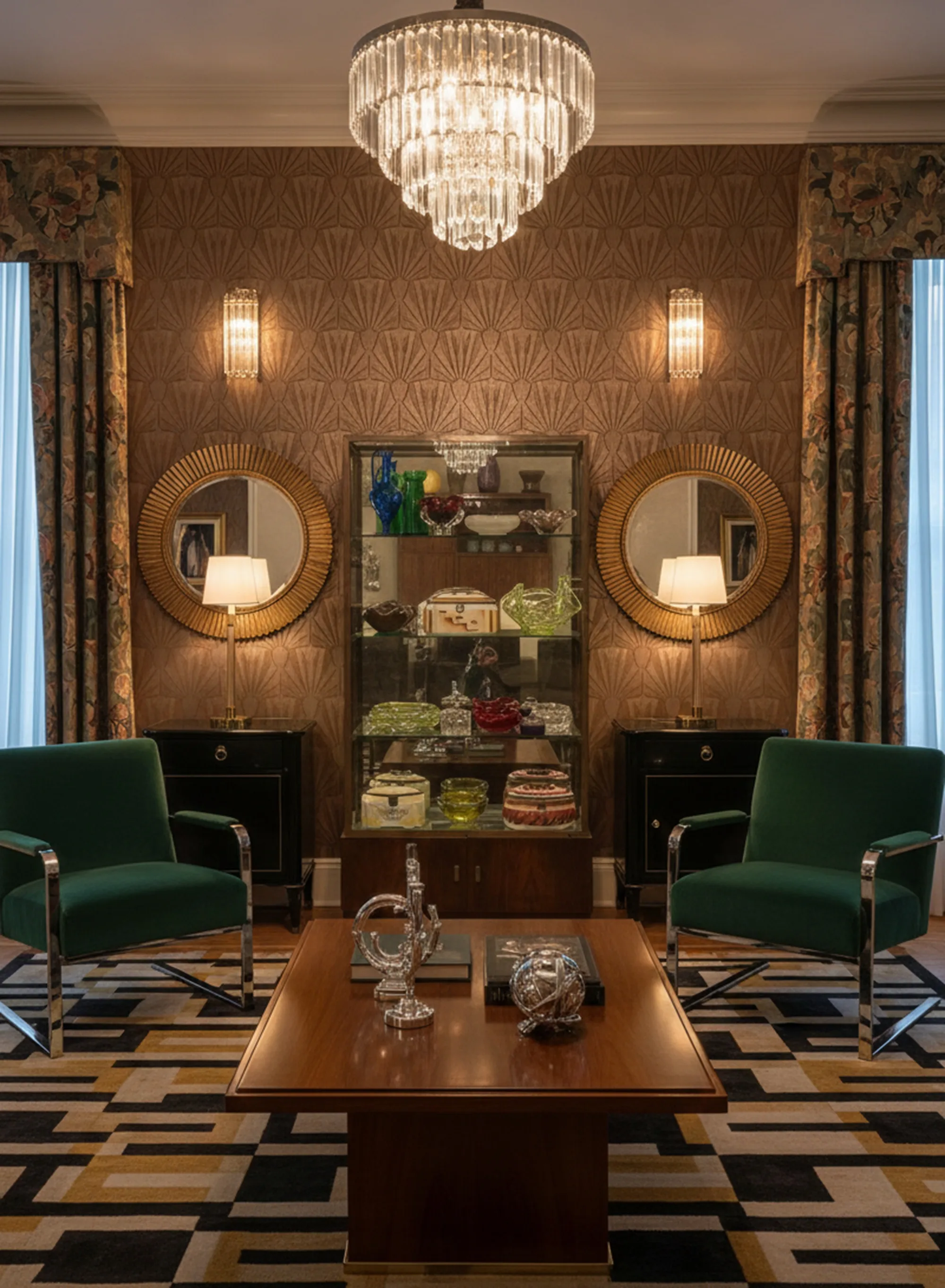 Vetrina antica con oggetti decorativi in un ambiente accogliente.