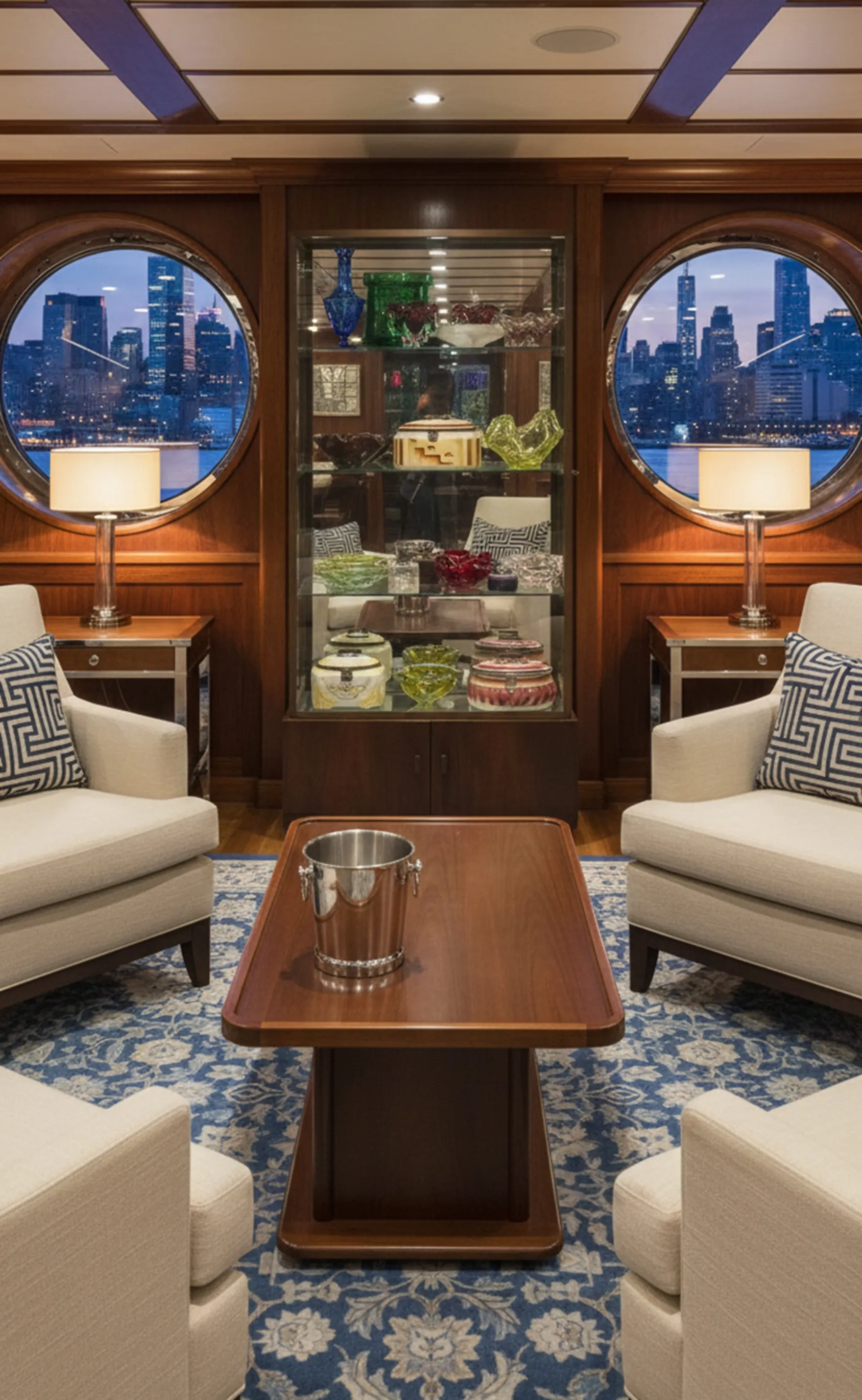 Antique display cabinet filled with decorative items and a cozy atmosphere.