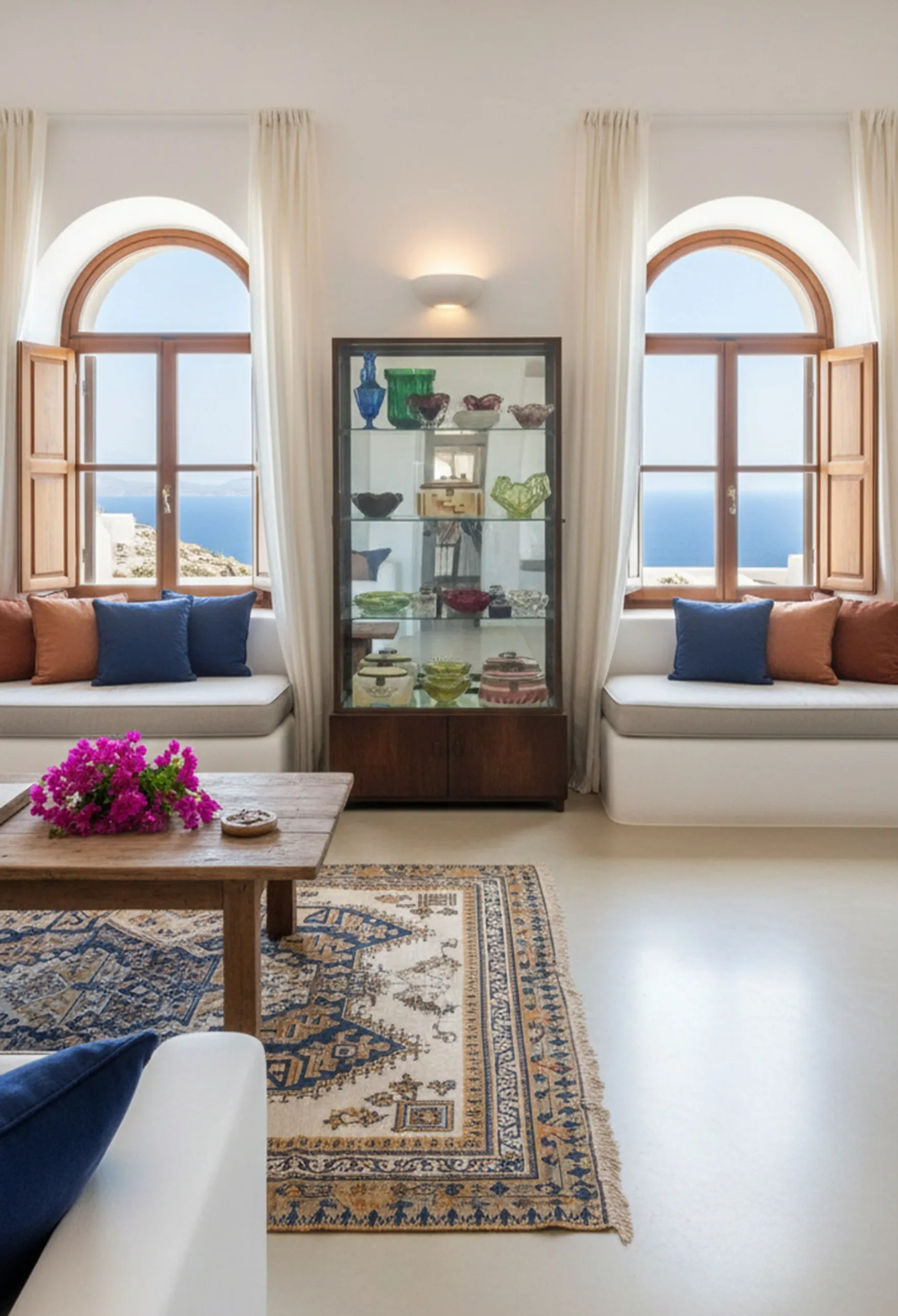 장식품을 전시하는 앤티크 진열장, 밝은 환경 속에서