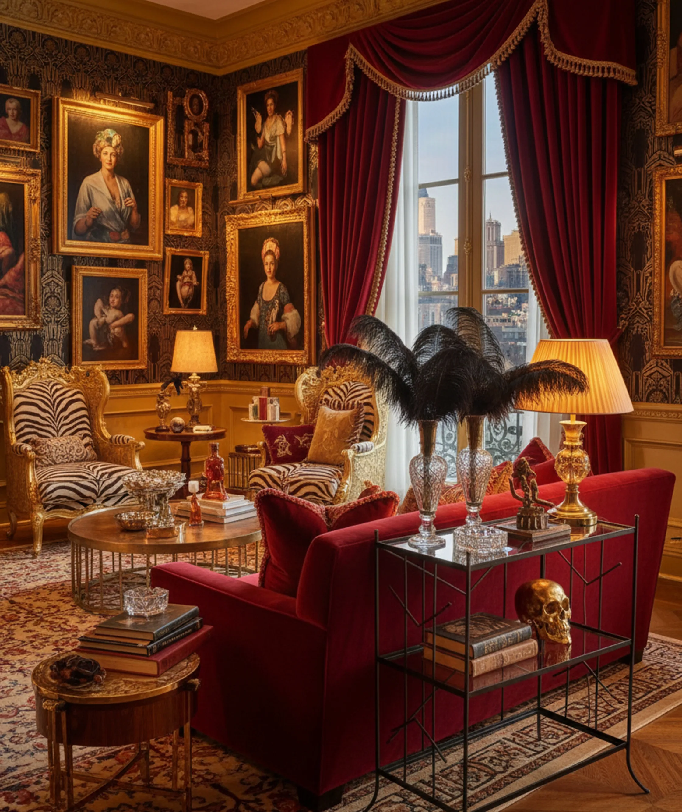 antigua biblioteca decorada con pinturas y muebles elegantes