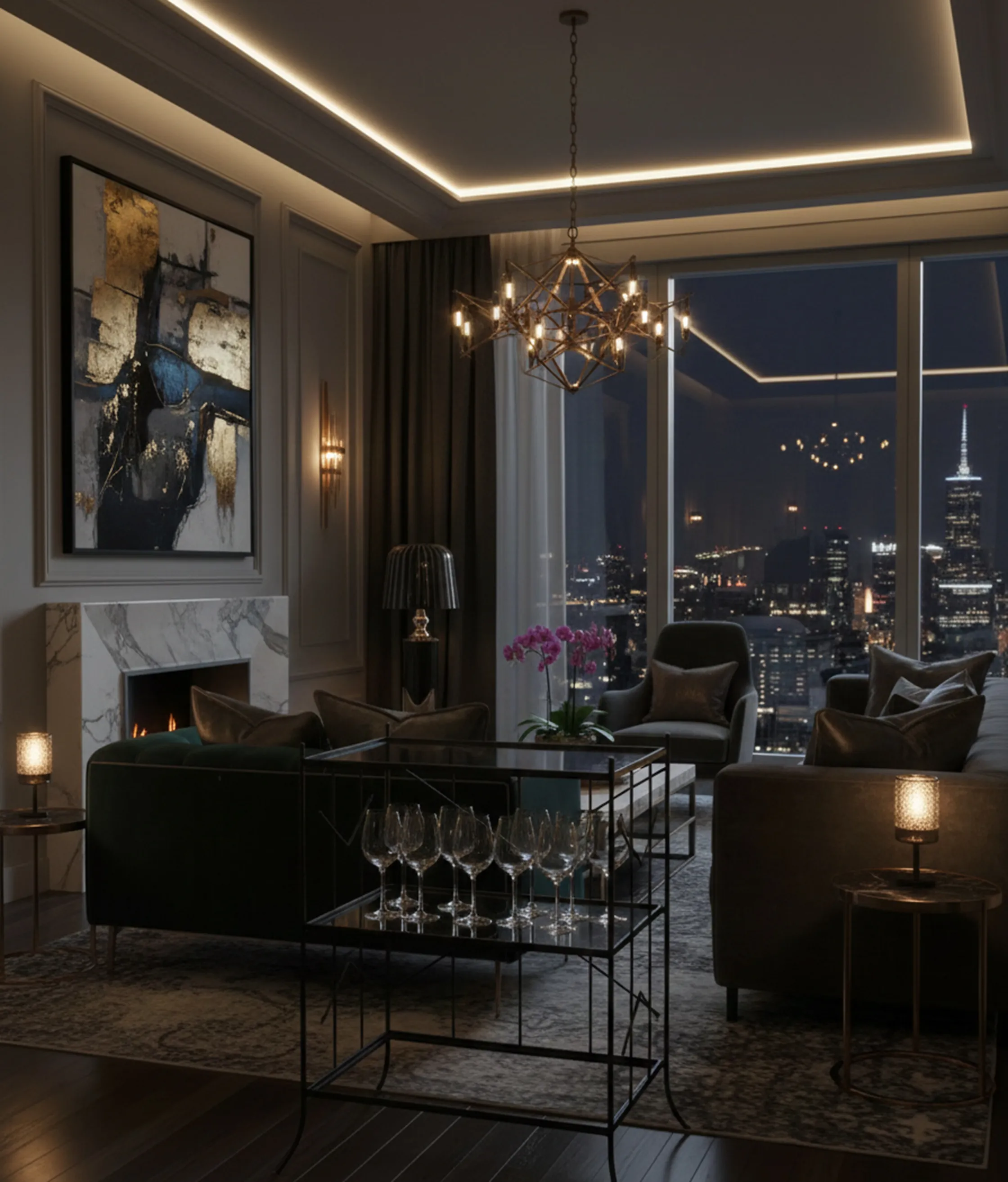 Mesita antigua en un salón elegante con luces suaves y vistas