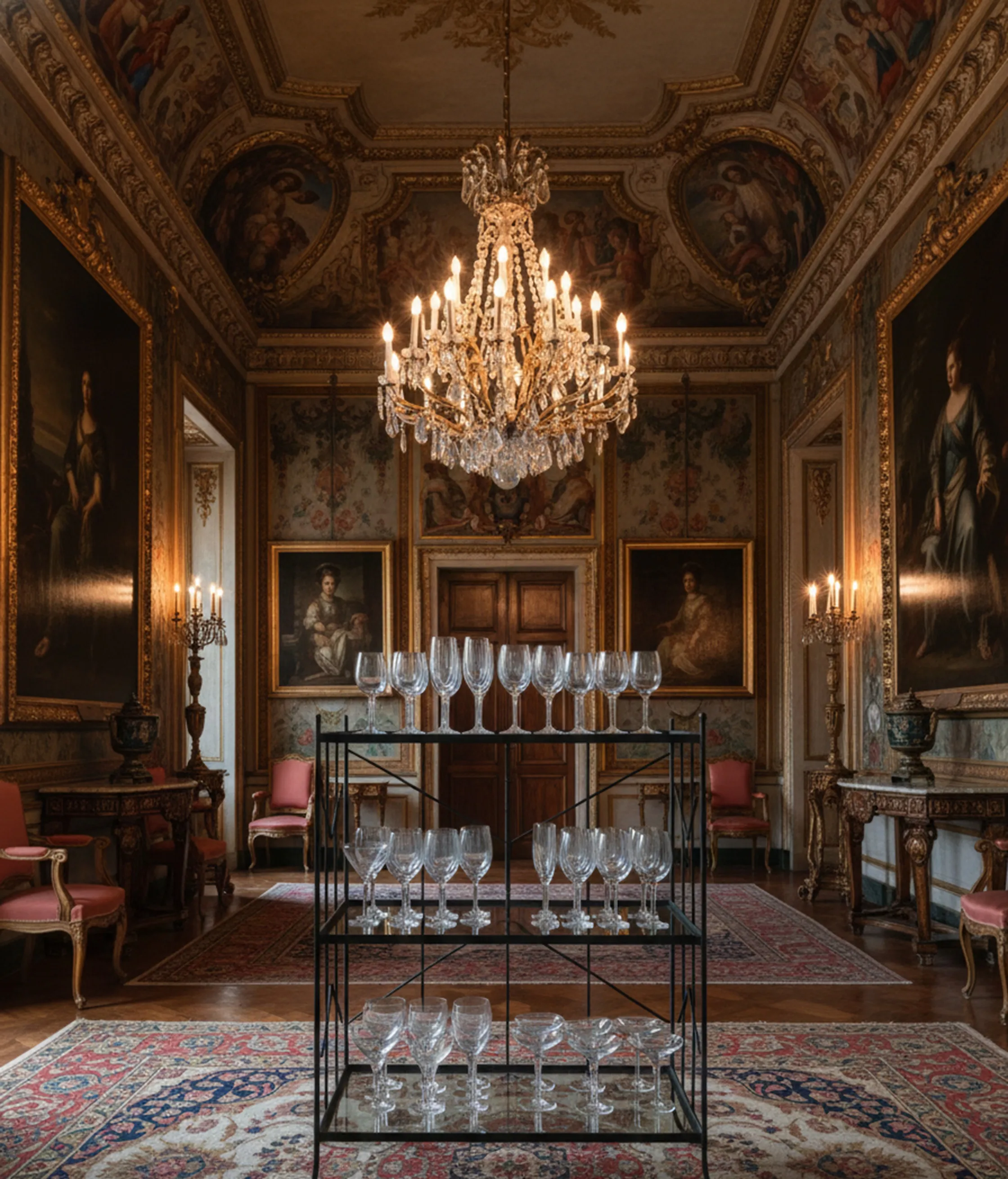 una mesita antigua en un lujoso salón con candelabros