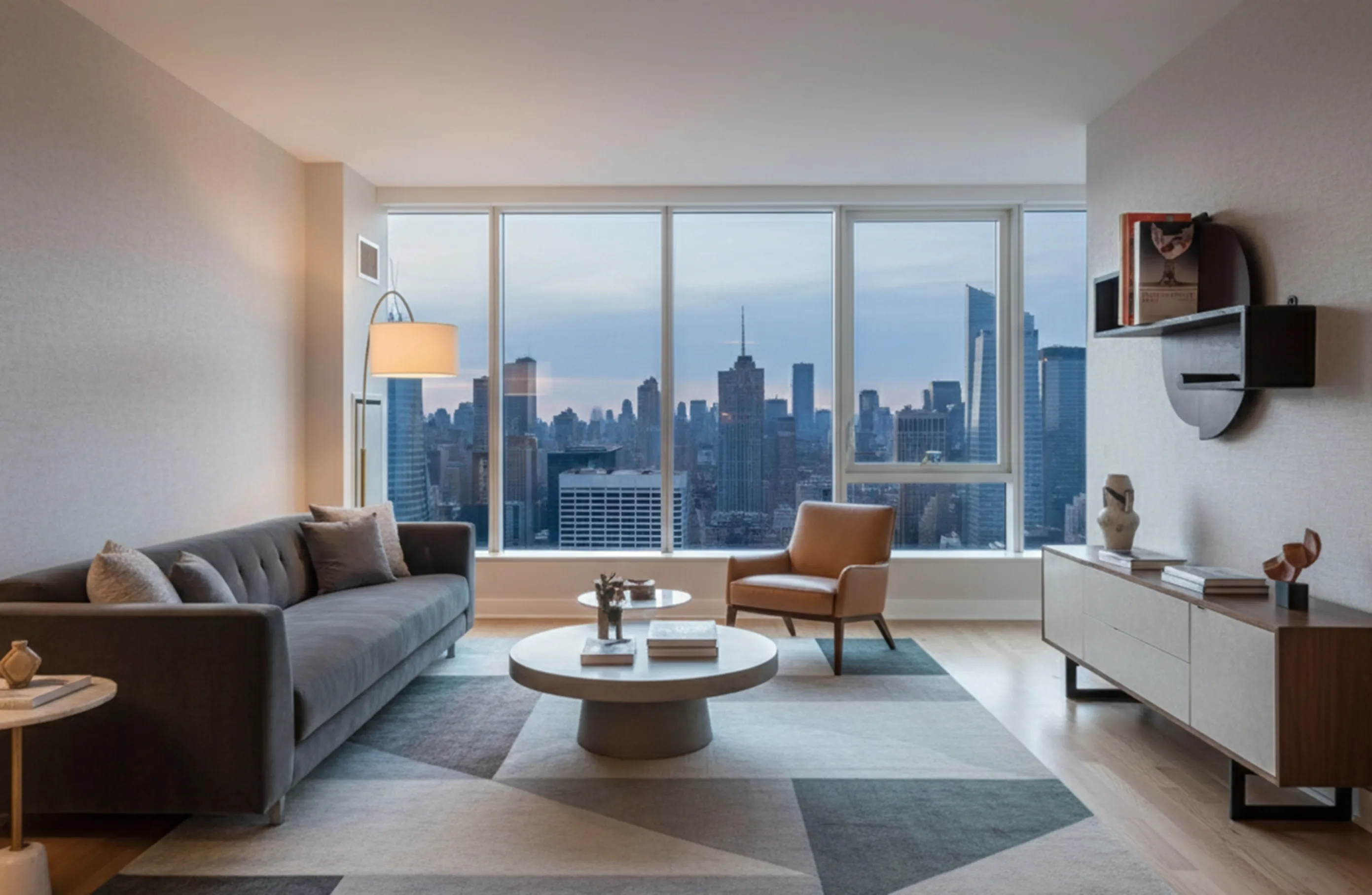 중립색의 고전 서가와 소파 및 전망