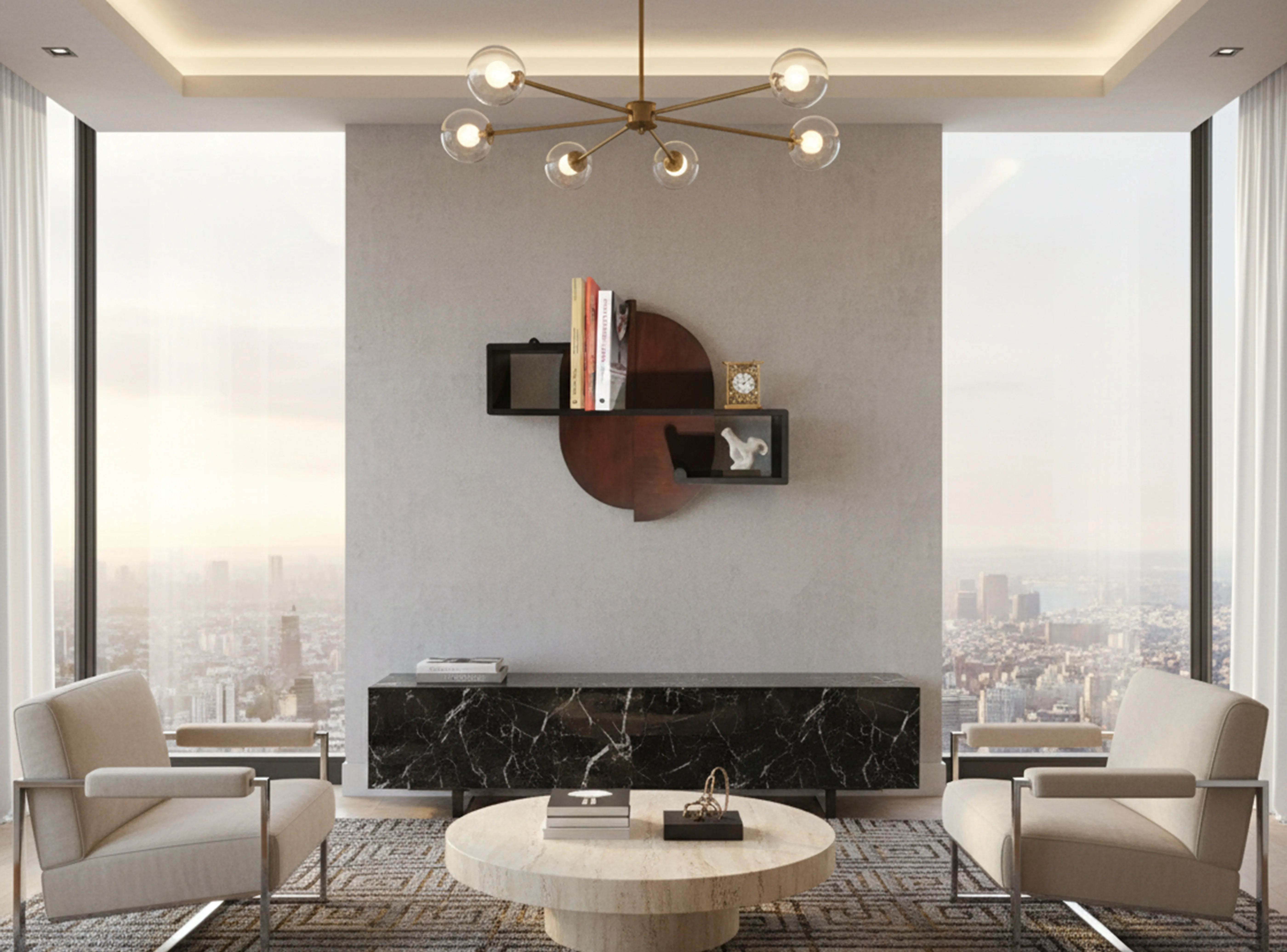 古董书架与书籍在现代优雅的环境中。