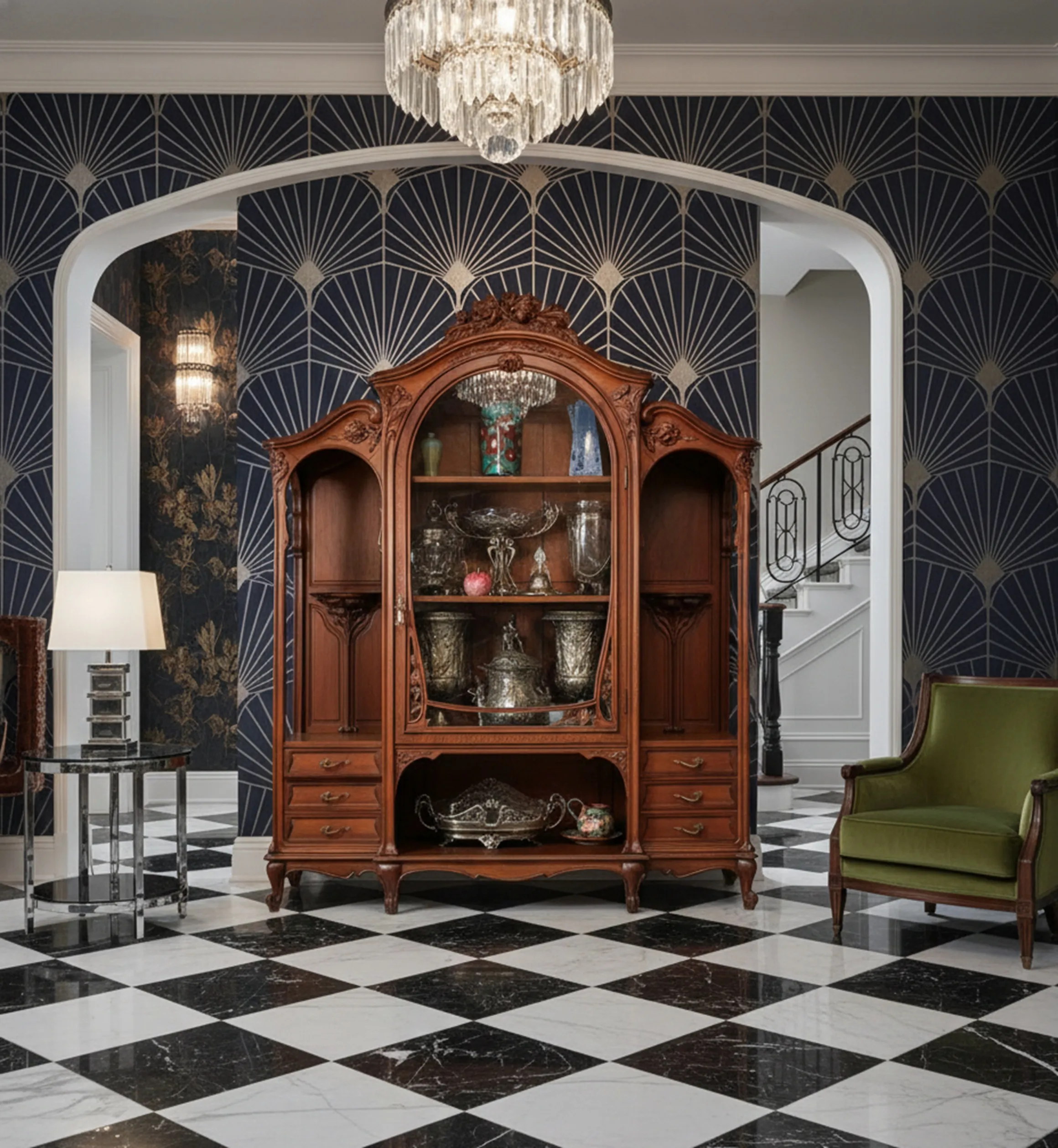 Vitrina antigua con decoración elegante en un ambiente sofisticado