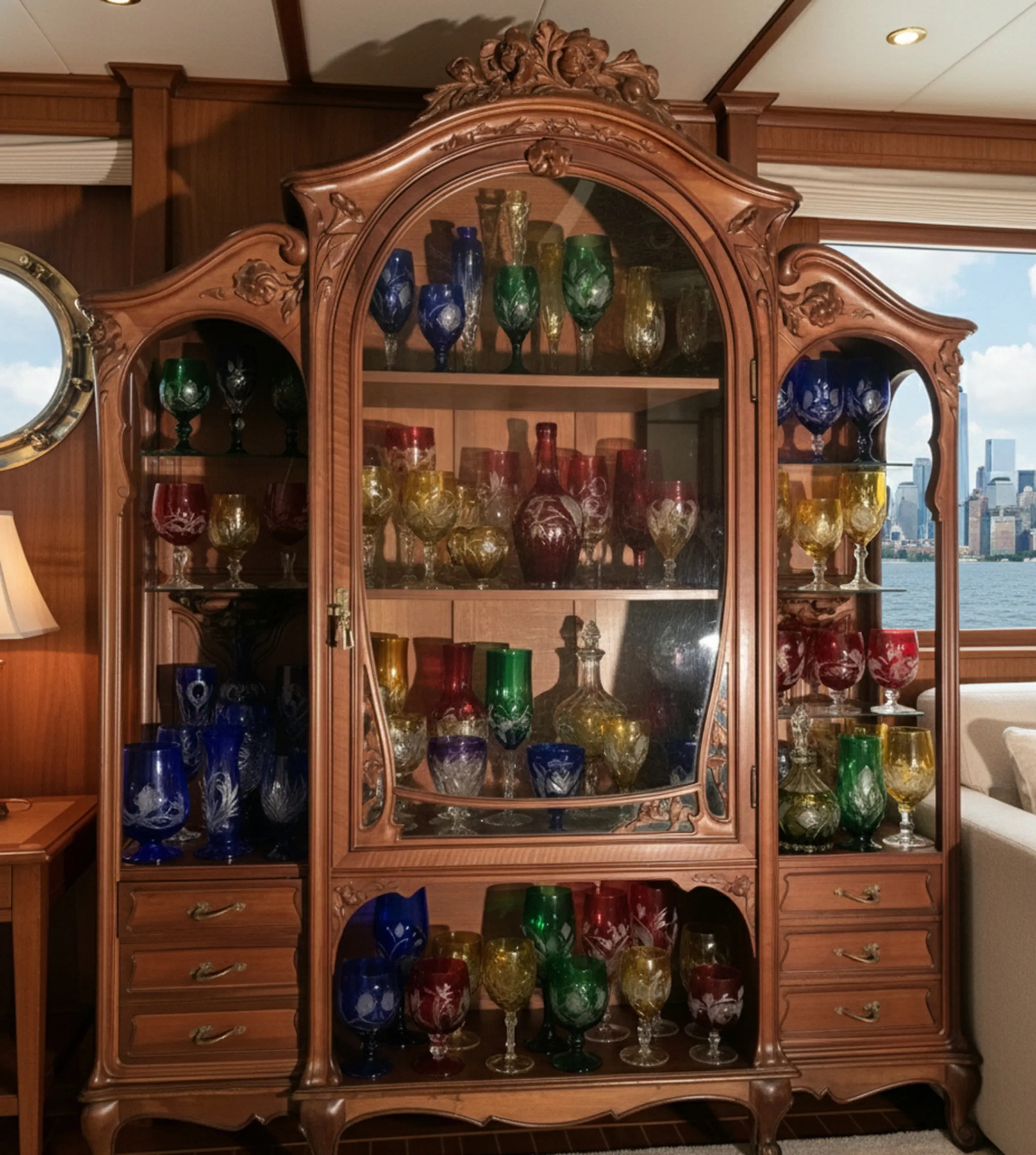 antique display cabinet filled with colorful glassware