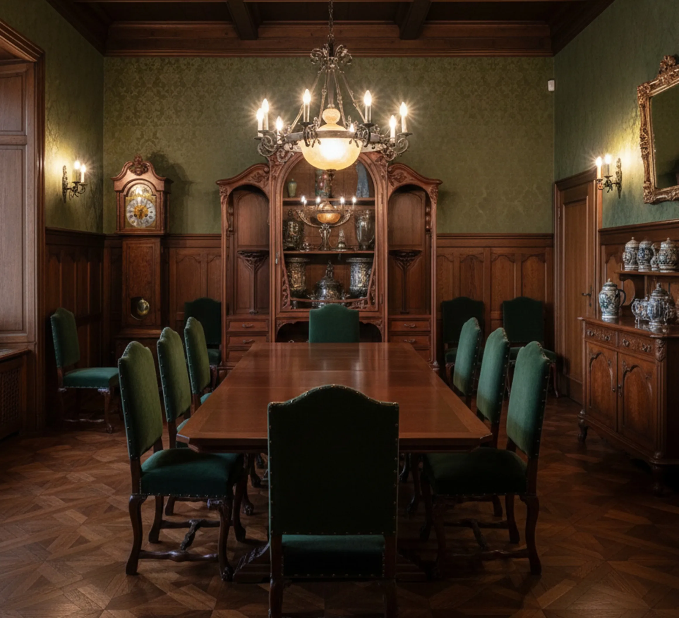 antik Vitrine E.Dienst in einem eleganten Ambiente, geschmückt mit antiken Elementen, umgeben von grünen Stühlen und einem Kronleuchter