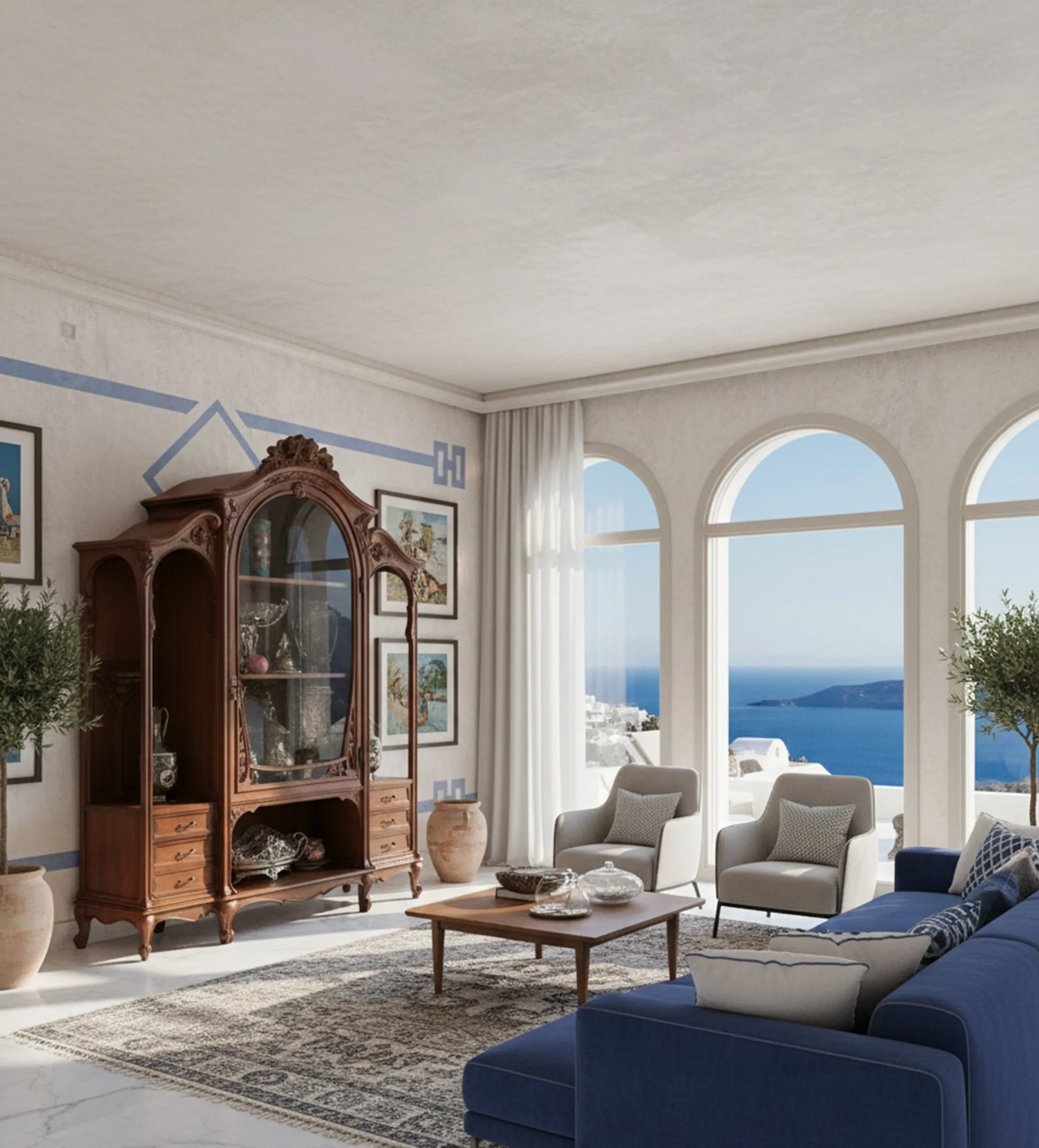 vitrine antique avec design orné dans une pièce confortable avec vue sur la mer