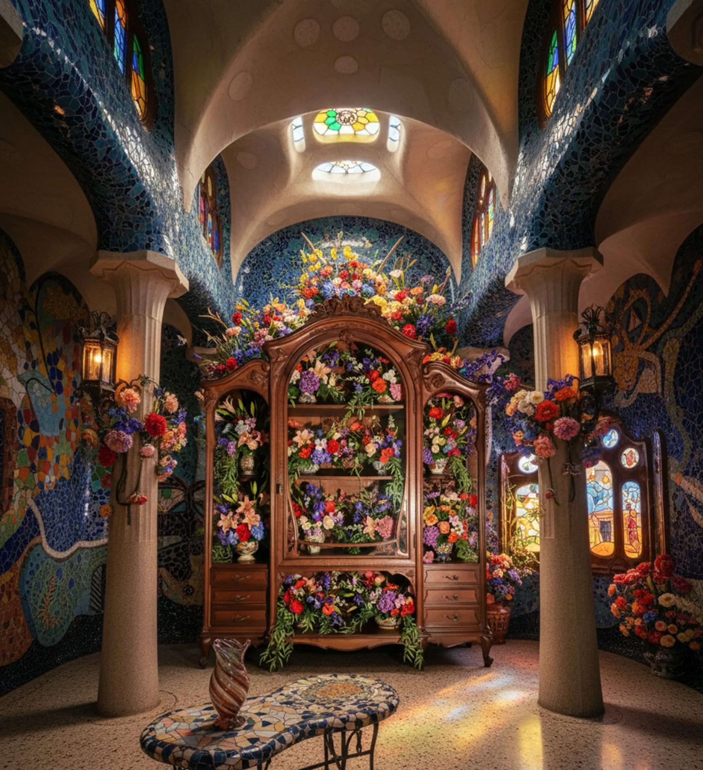 Antique display cabinet adorned with flowers in a colorful setting.