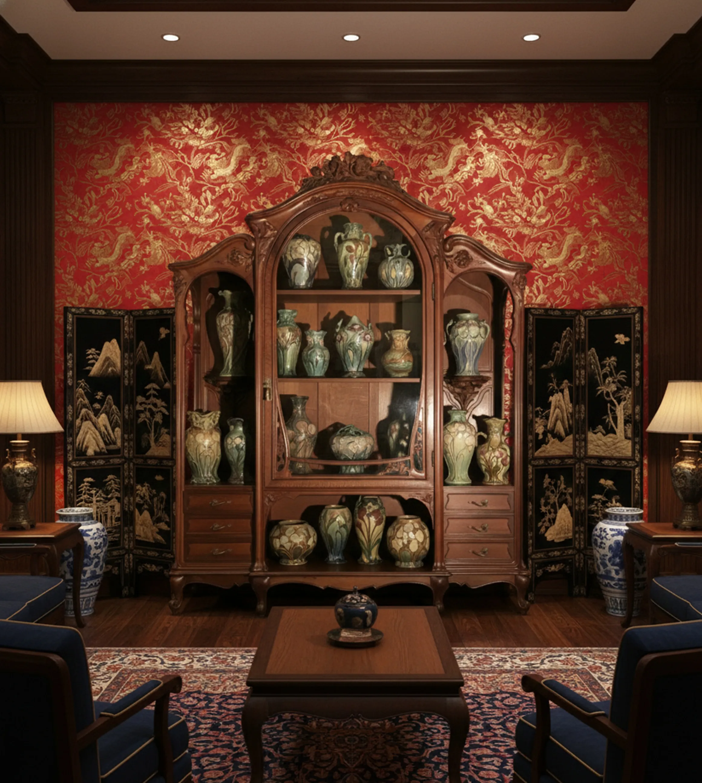 vitrine antiga com cerâmicas expostas, fundo vermelho elegante