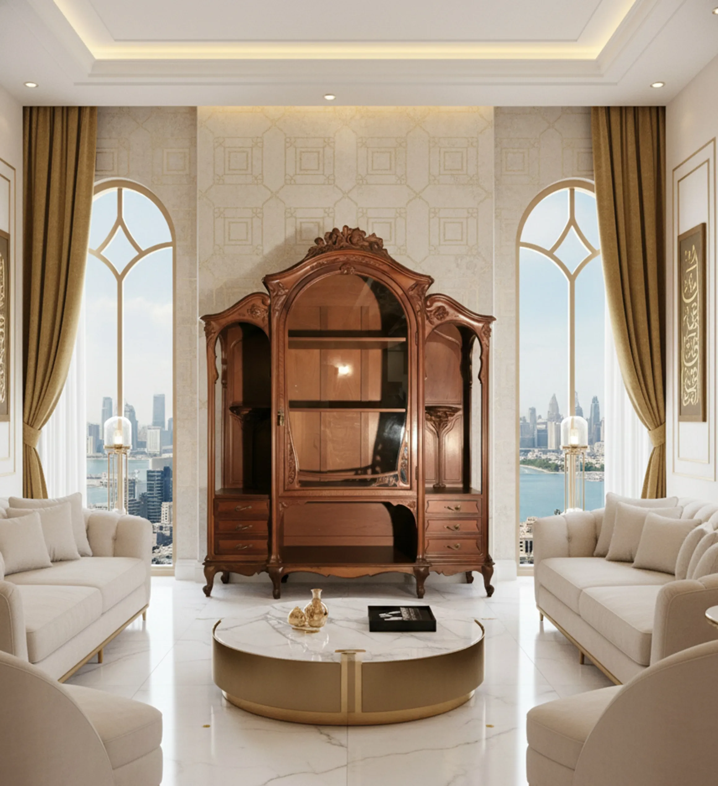 Vitrina antigua de E.Dienst, elegante diseño con espejo, ambiente moderno.