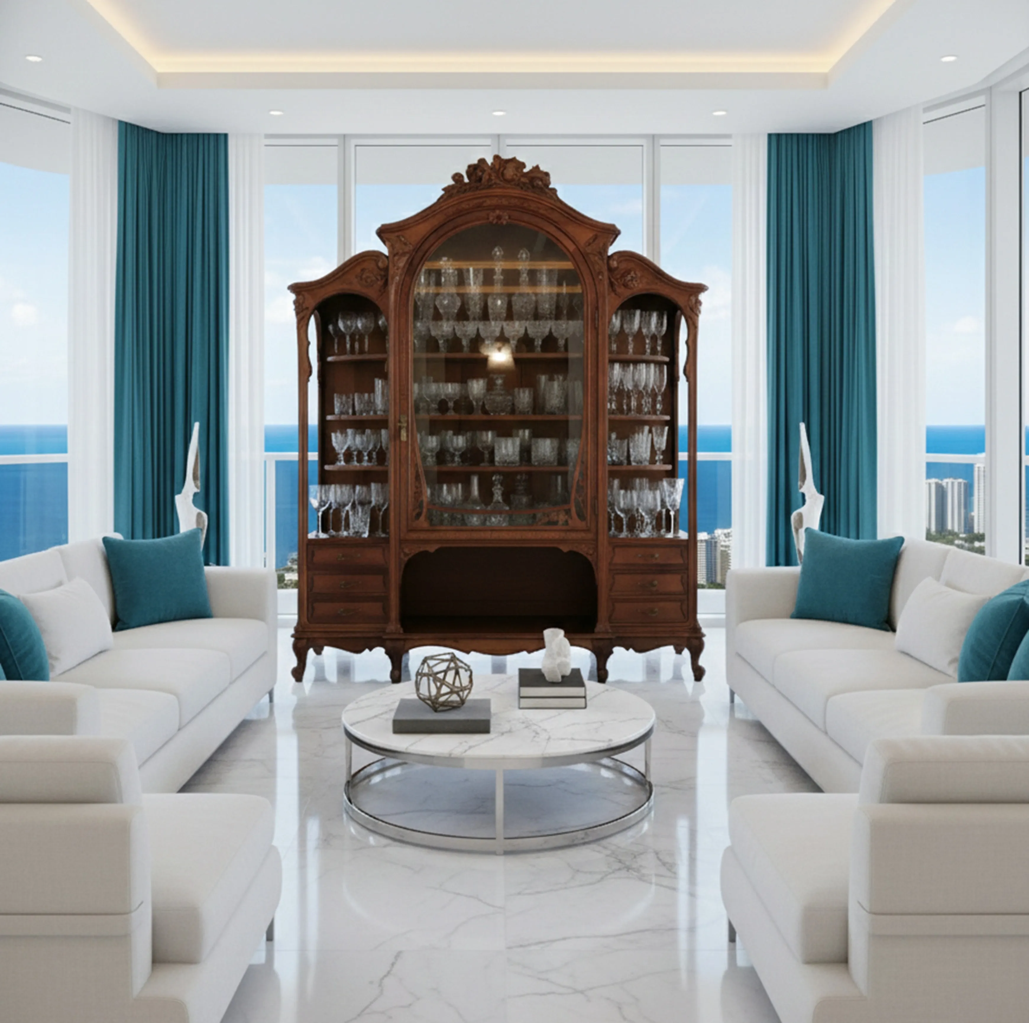 Antique display cabinet E.Dienst in a modern setting overlooking the sea.