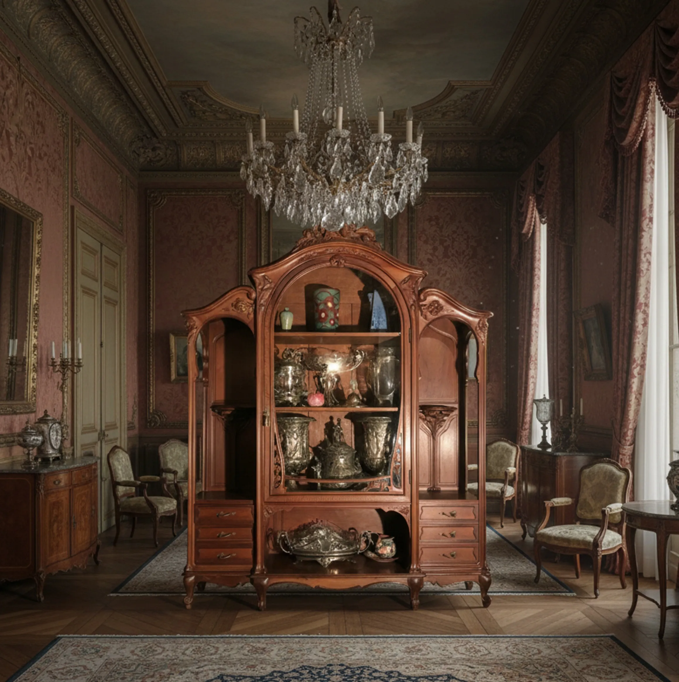 Vitrine antique de E.Dienst à Paris, décorée d'éléments en argent et en verre dans un cadre élégant.
