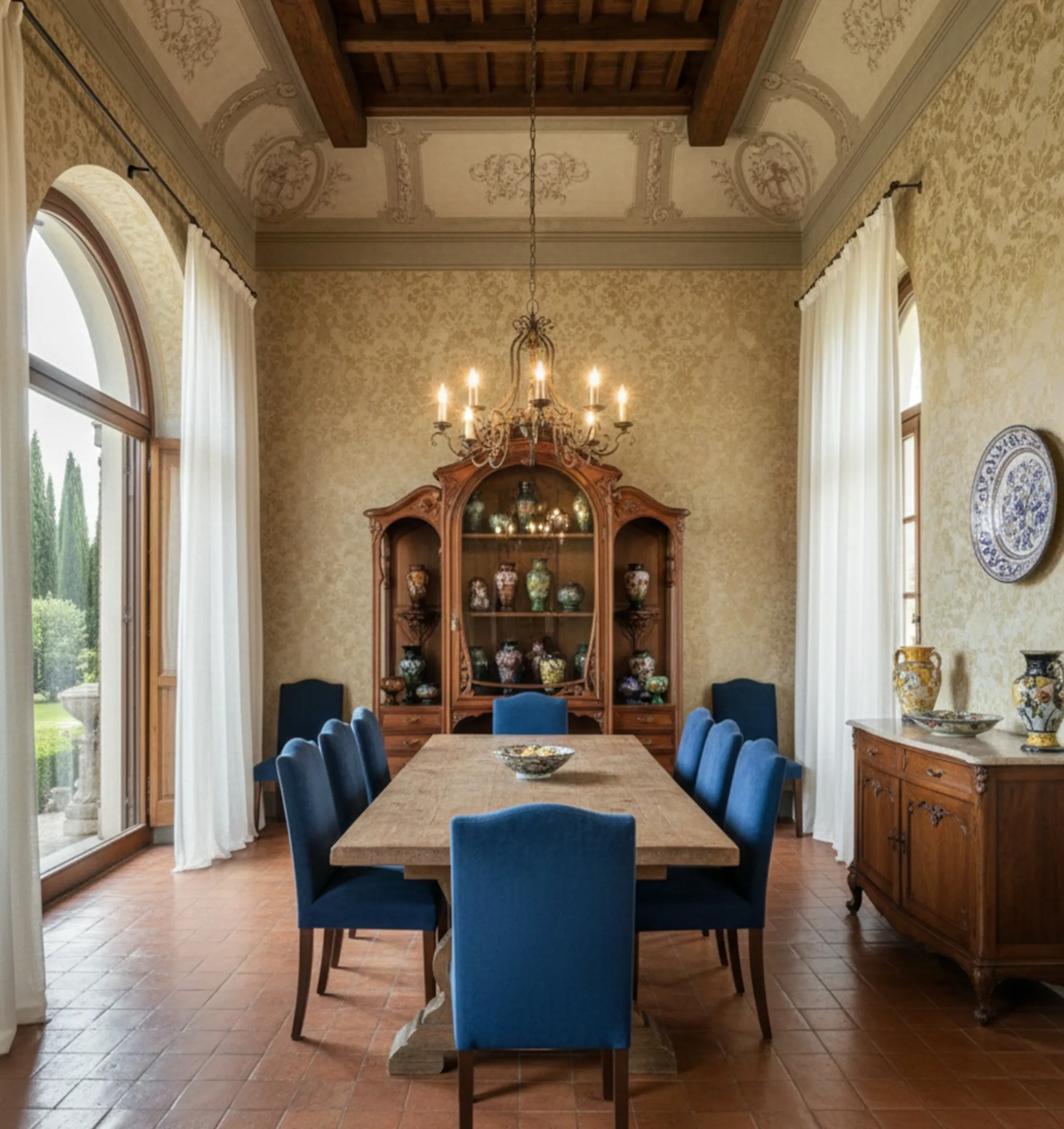 Vetrina antica che mostra ceramiche decorative in un ambiente accogliente.