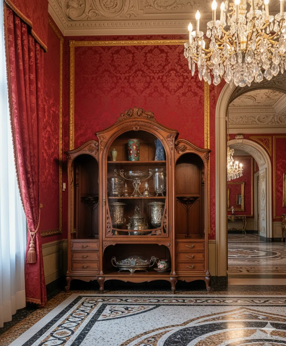 Vetrina antica con design elegante e decorazioni, con vari oggetti.