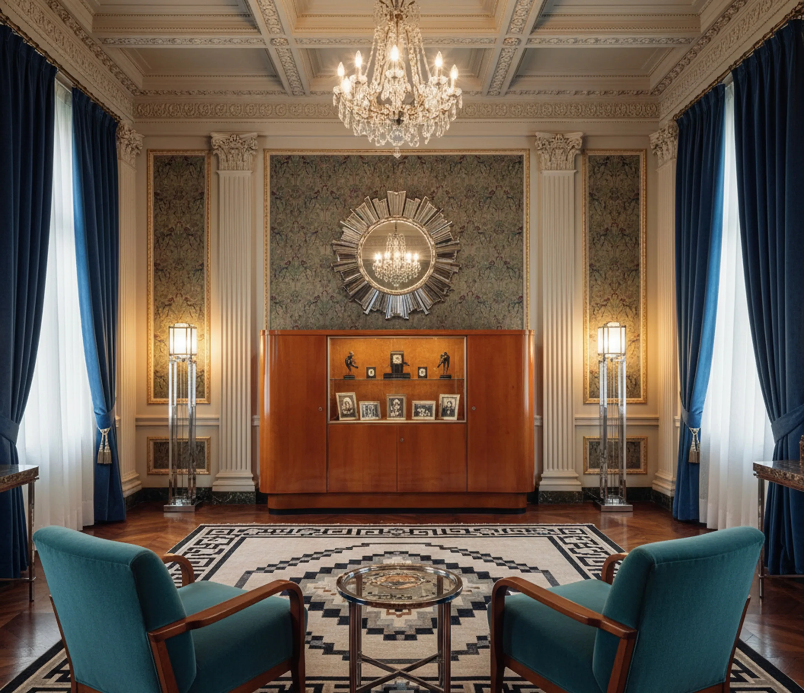 Antiquar Cocktail-Schrank mit Regalen und Fotos in einem eleganten Raum.