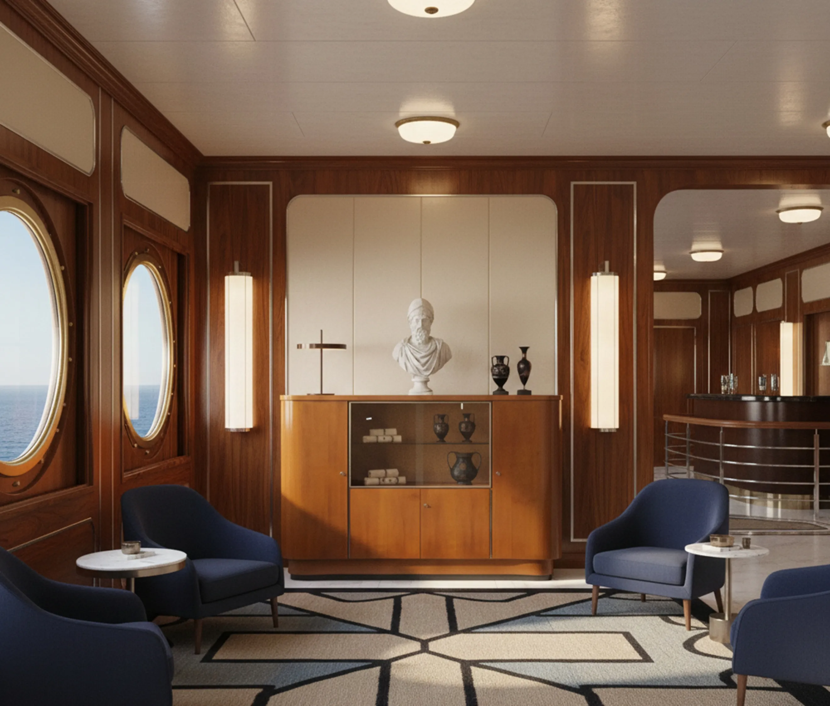 Antiquarischer Cocktailschrank mit eleganten Details und Vintage-Dekor, umgeben von Stühlen in einer gemütlichen Atmosphäre.