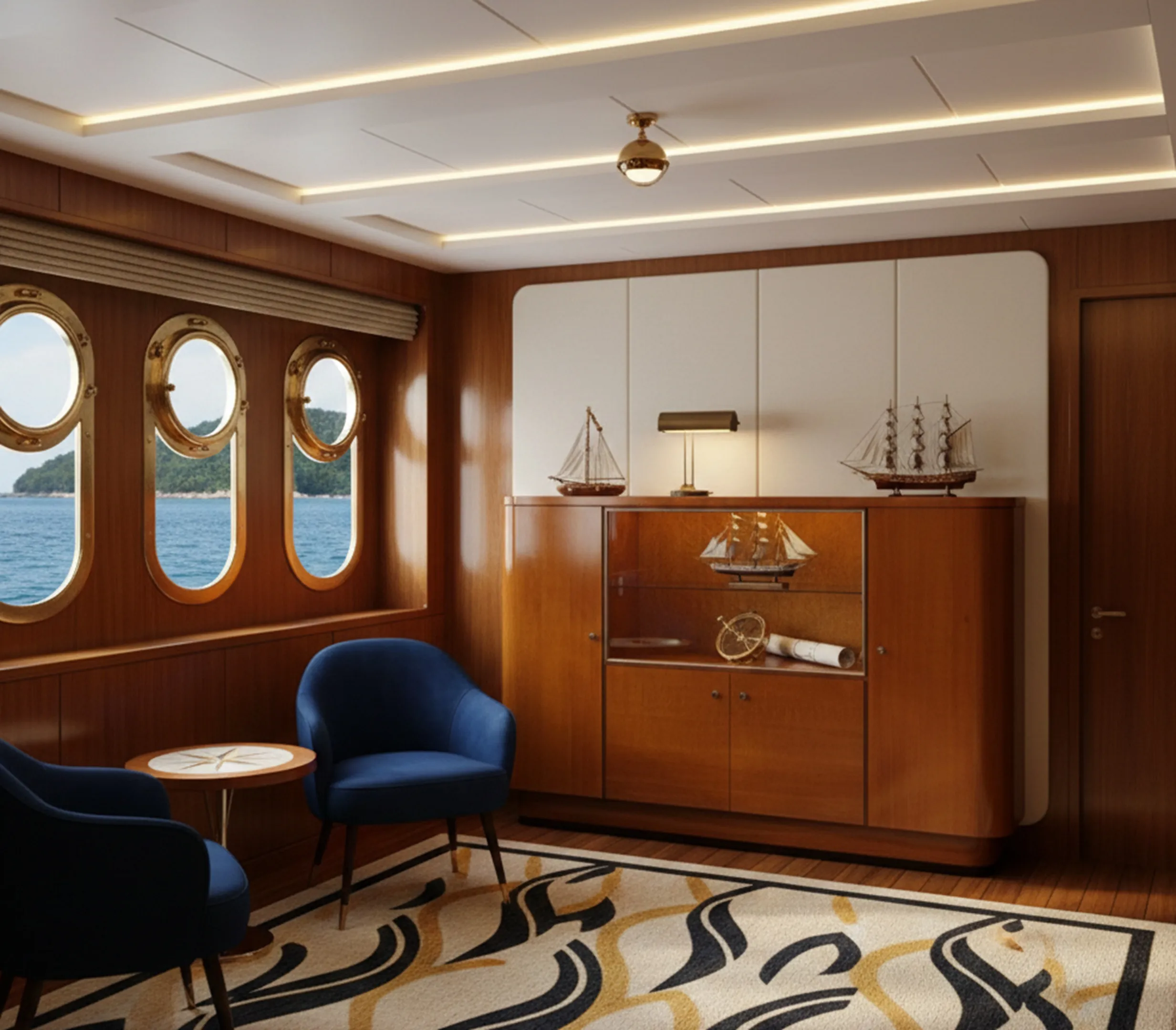 Meuble à cocktail ancien avec des détails nautiques et un design élégant dans un cadre maritime.